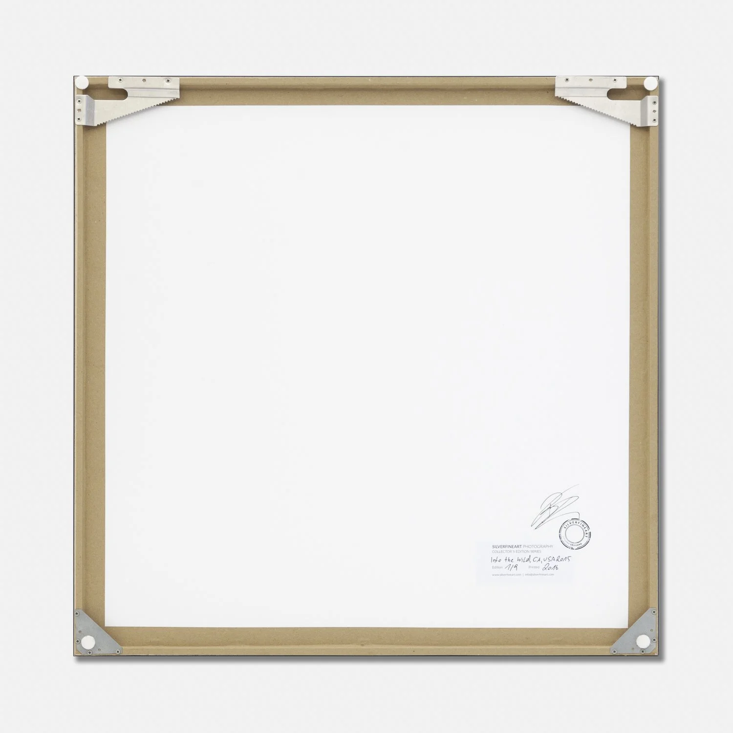 Reverse of Into the Wild by Gerald Berghammer, showing the wooden frame, archival backing, signature and wall-mounting hardware.