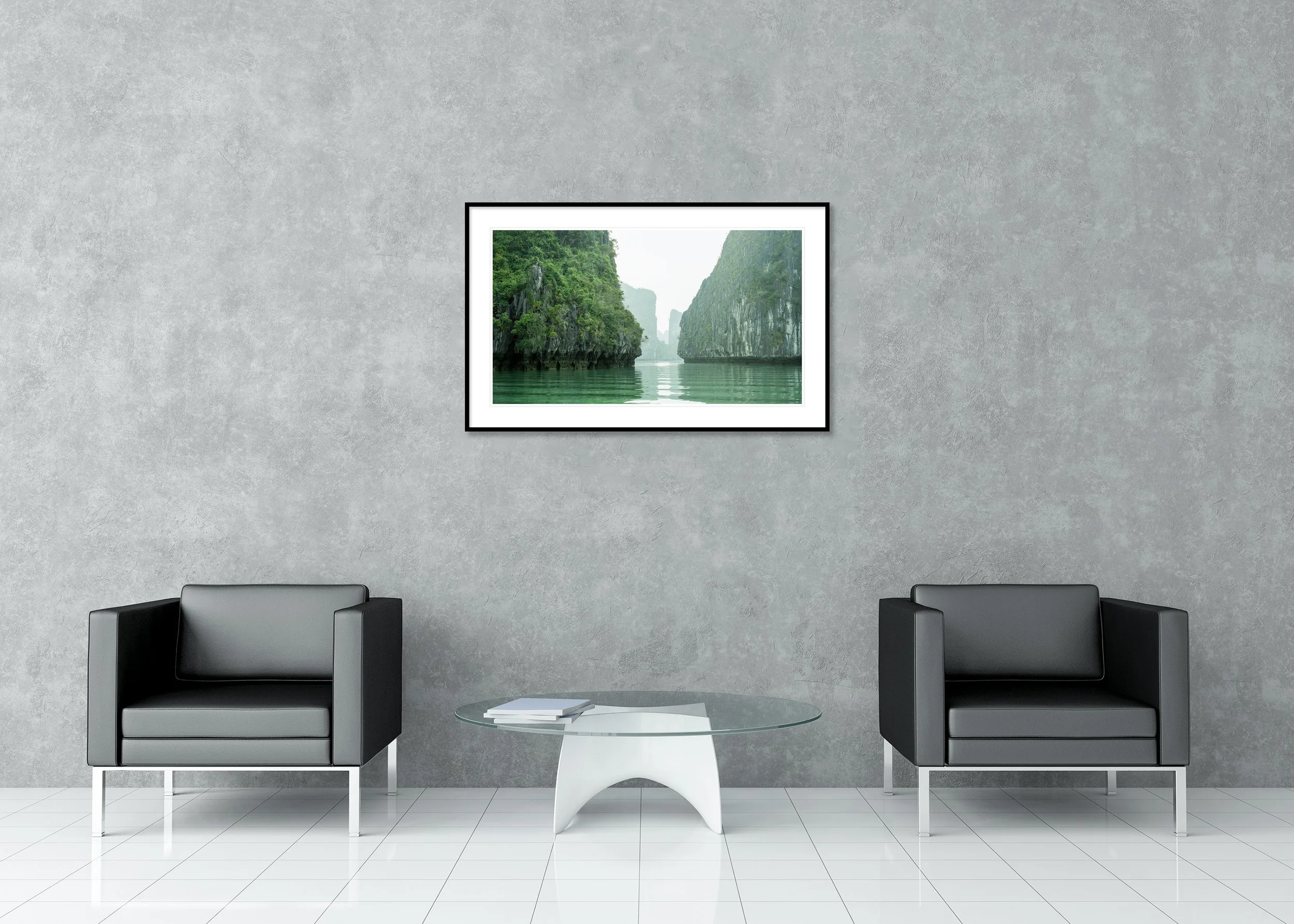 Seawater Canyon Panorama – colour archival pigment print in an aluminium frame with a white mount displayed in a modern interior.