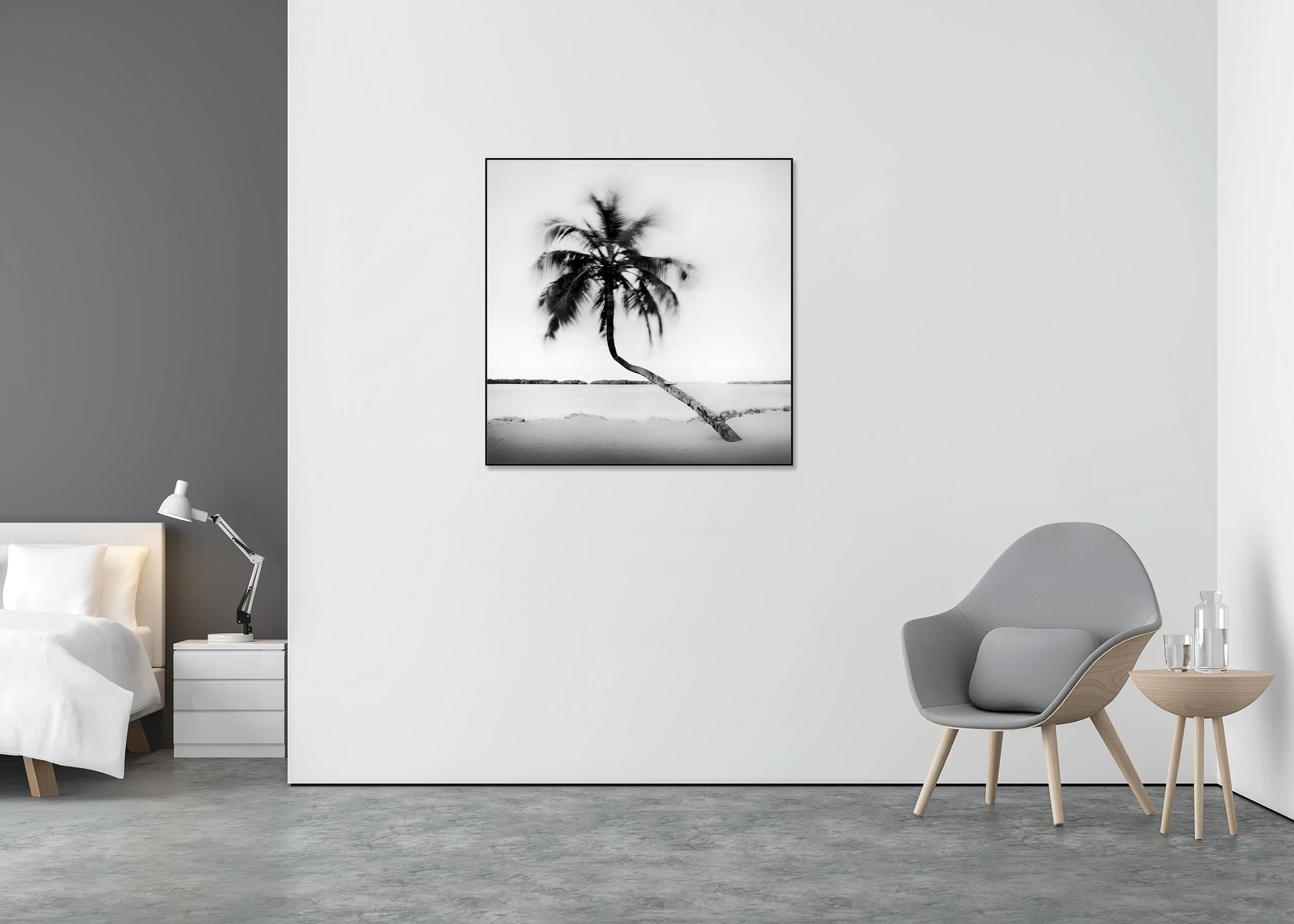Bent Palm Study 1 displayed in a contemporary interior in a black aluminium ArtBox frame by Gerald Berghammer.