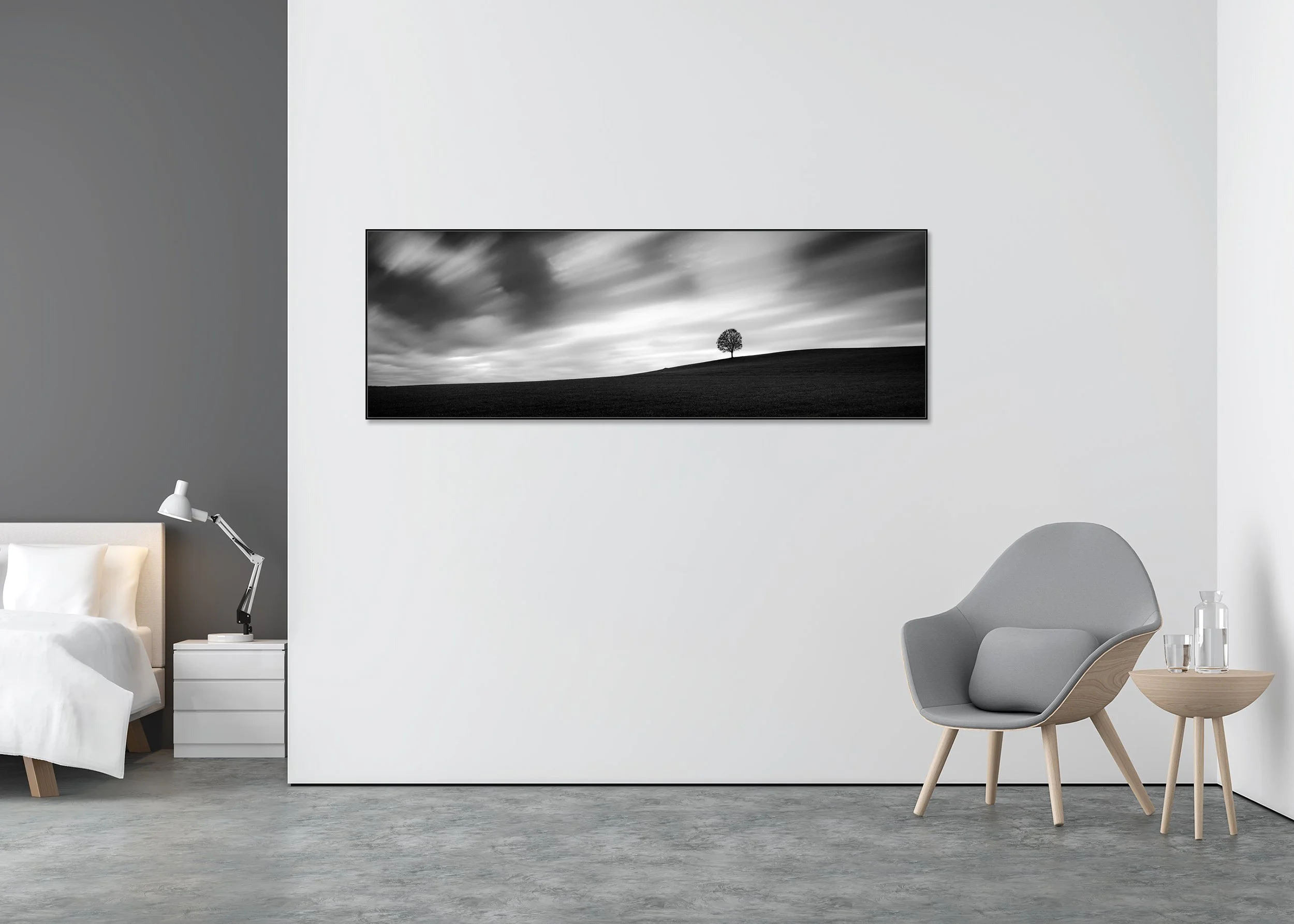 Turbulent Times Panorama Study 1 displayed in a modern interior as a black-and-white Dibond print in a black aluminium ArtBox frame by Gerald Berghammer.