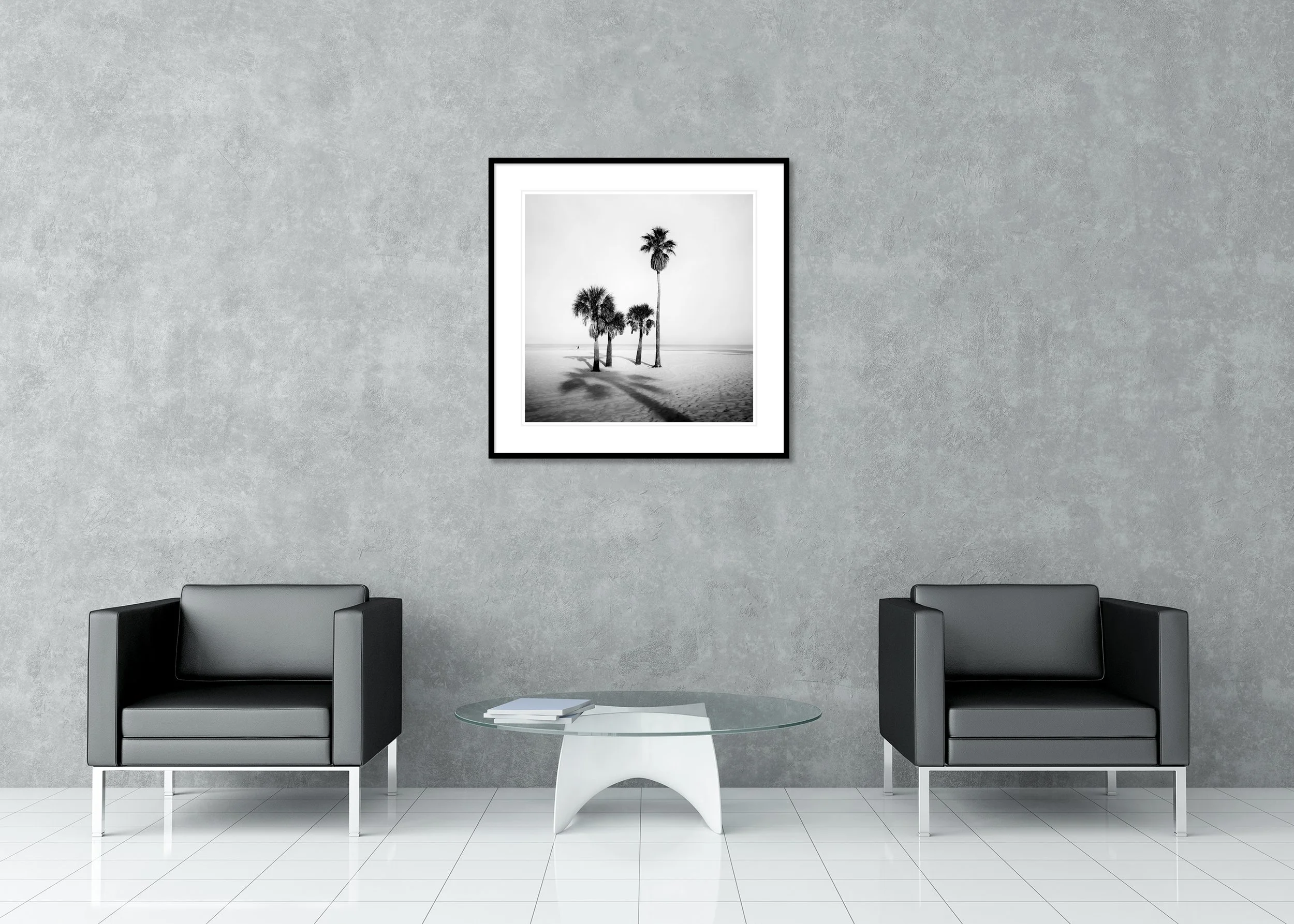 Palm Beach Study 5 displayed in a modern interior as an archival pigment print in a black aluminium frame with a white mount by Gerald Berghammer.