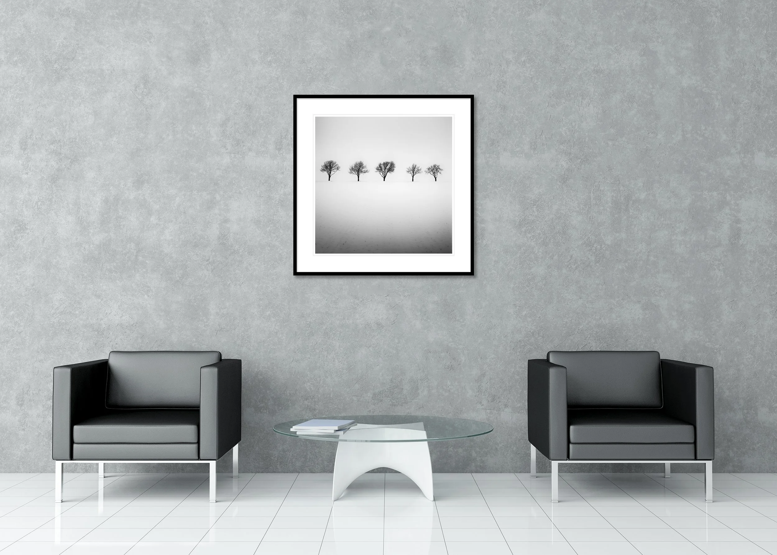 Minimalist winter scene with five leafless trees in a foggy snowy field, archival pigment print in a classic frame with a mount