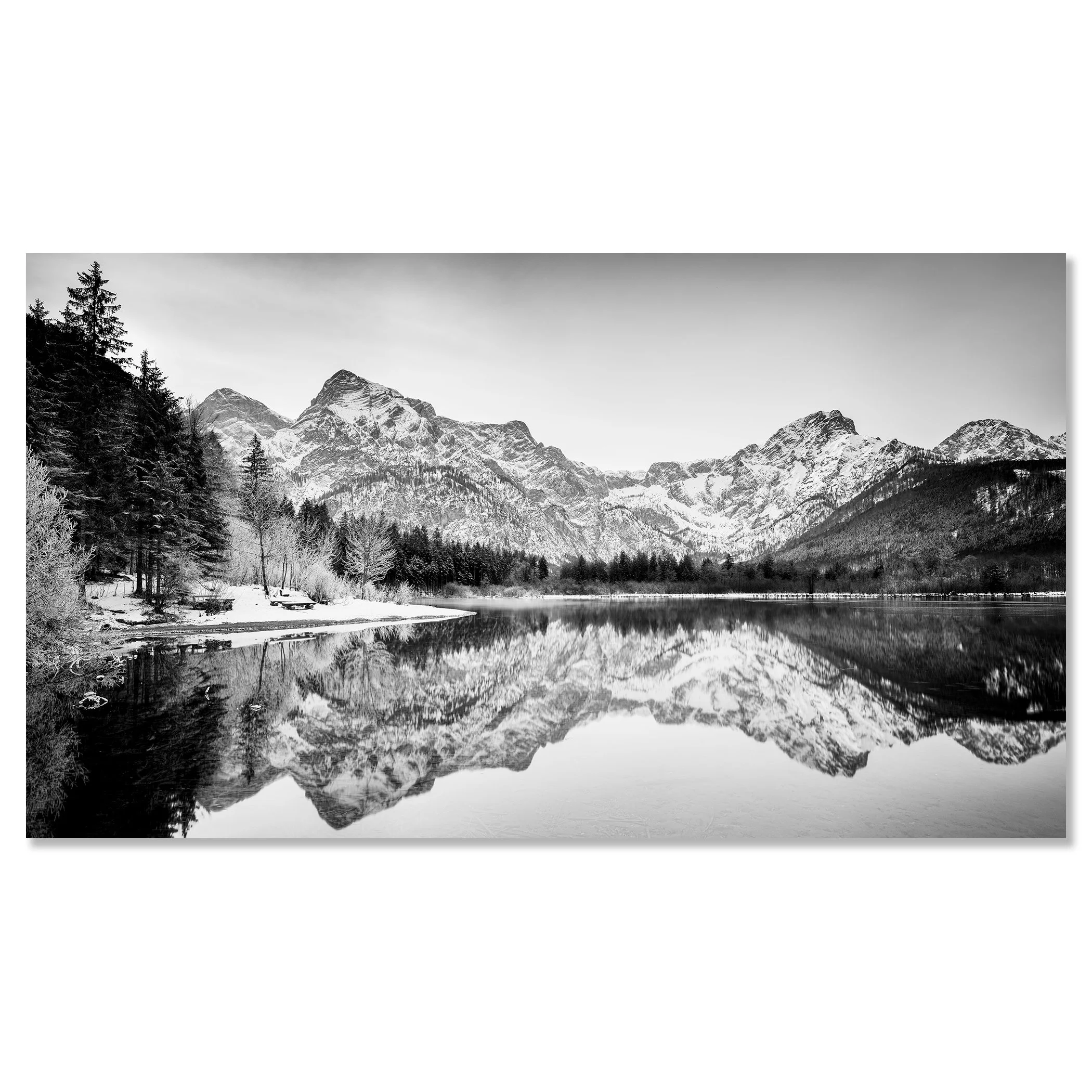 White Mountains, Almsee, Austria, presented as a frameless black-and-white fine art photograph mounted on aluminium Dibond by Gerald Berghammer.