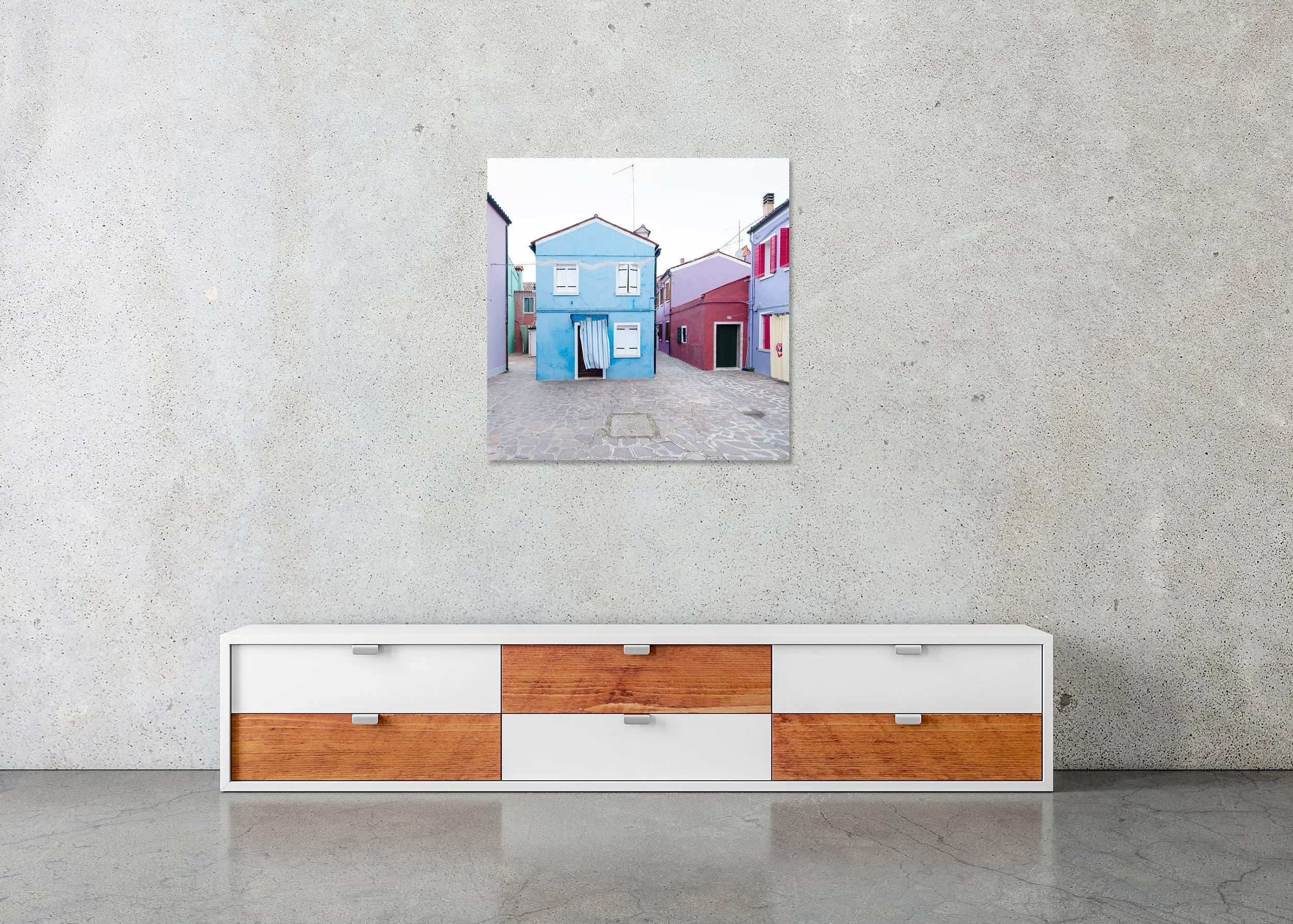 The Violet House displayed in a modern interior as a frameless colour aluminium Dibond print by Gerald Berghammer.