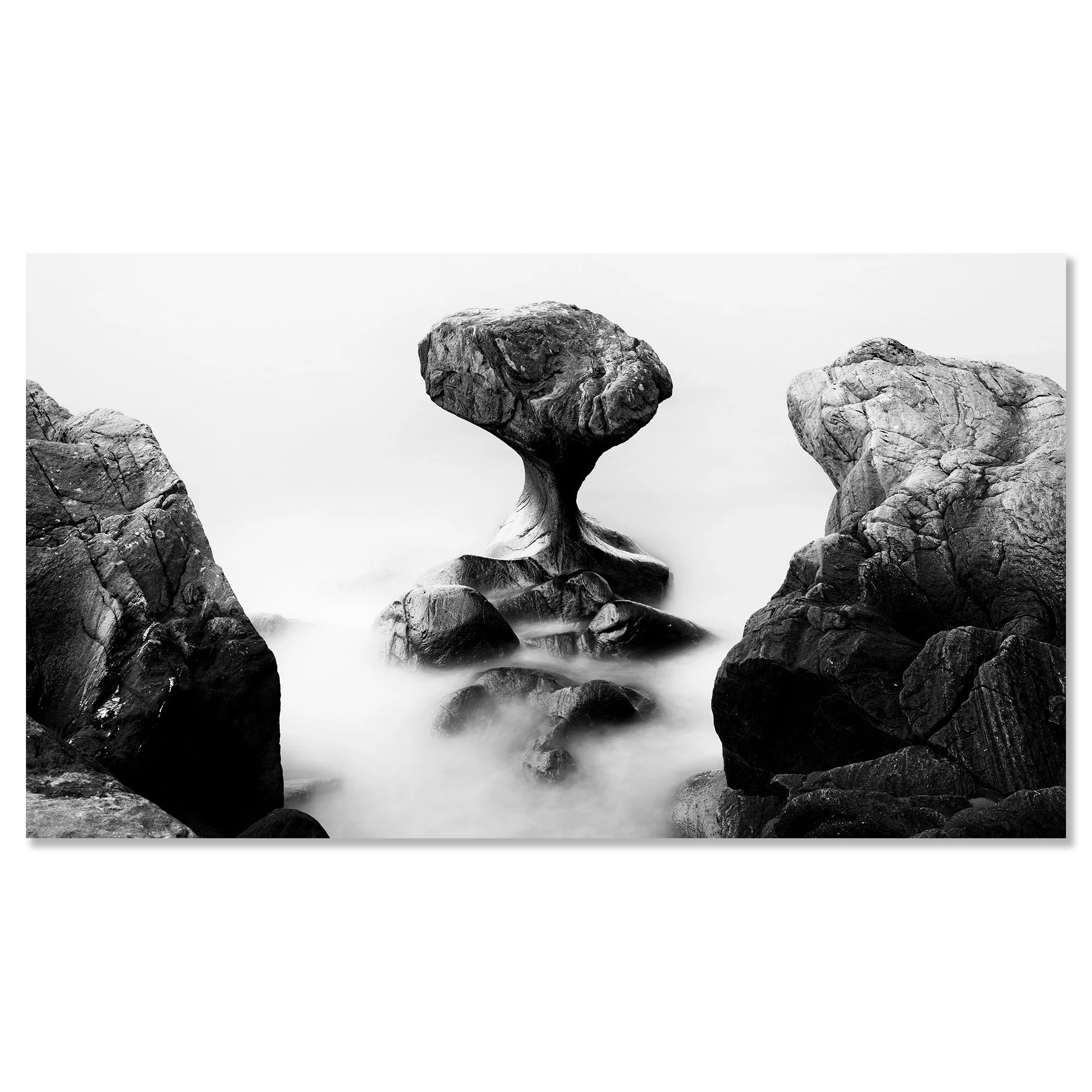 Large rocks in shallow water, with one rock balanced on a smaller rock, forming a mushroom-like shape – dibond frameless