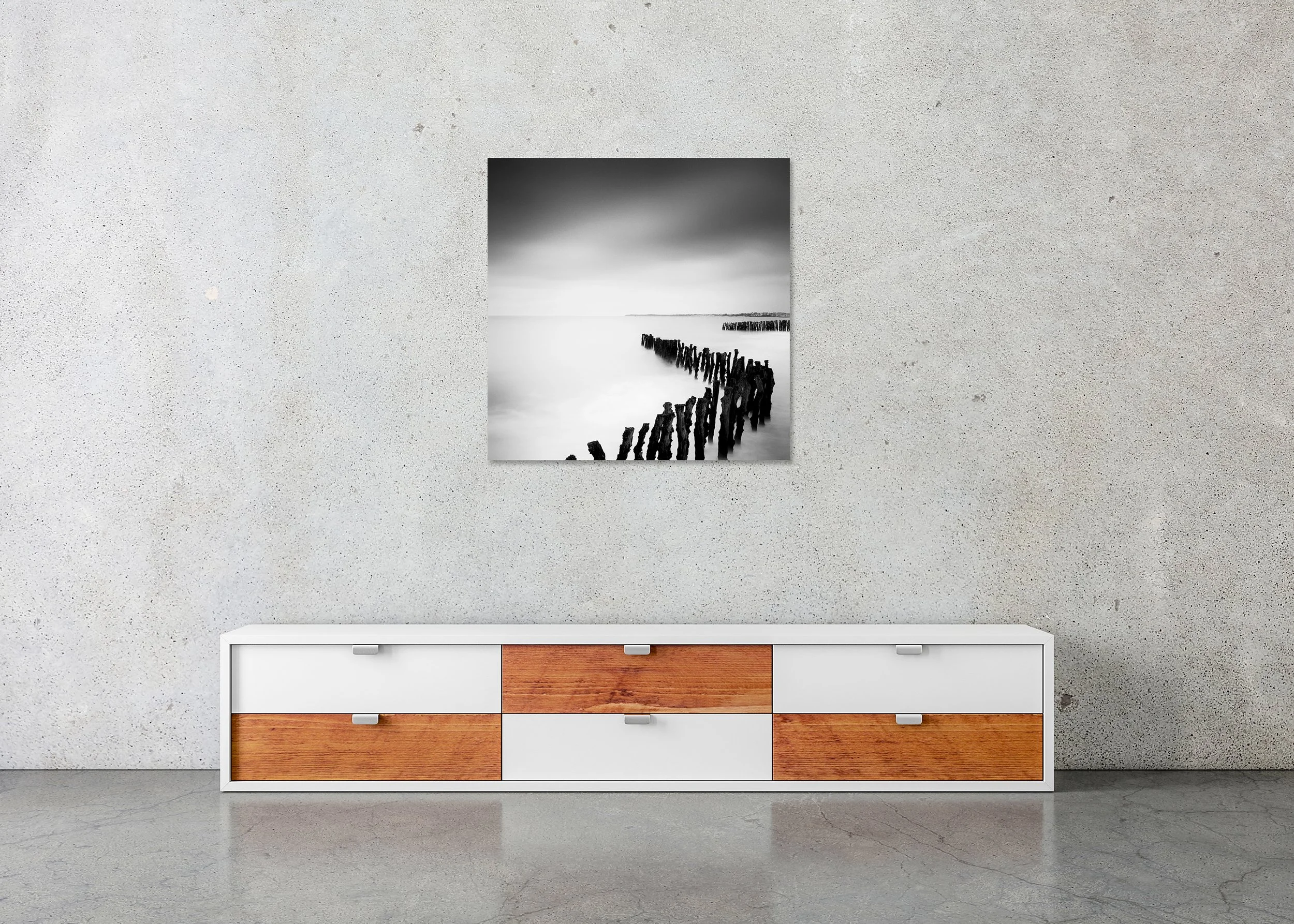 Sea Breakers, France, displayed frameless on a wall, mounted on aluminium Dibond. Photograph by Gerald Berghammer.