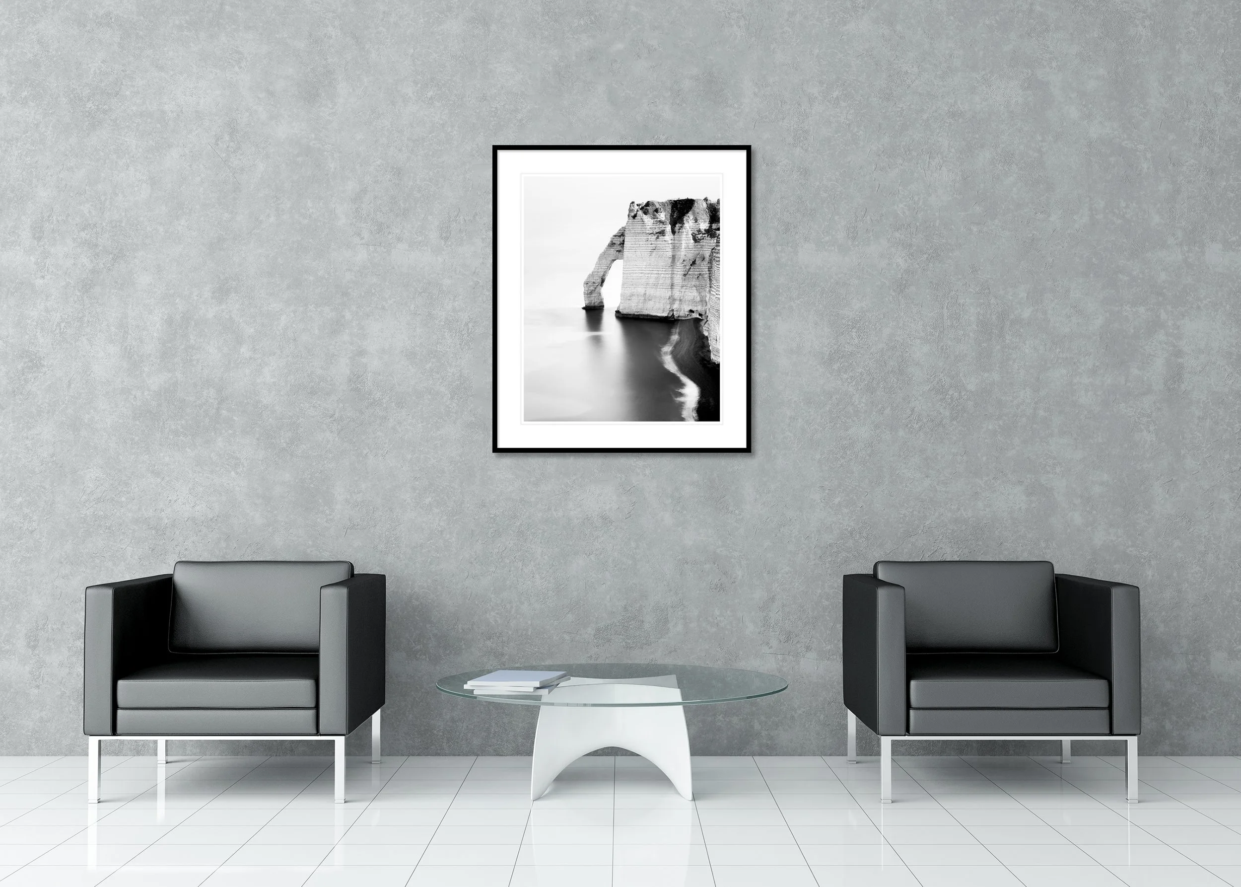 The Sea Arch at Étretat, France, black-and-white archival pigment print in a classic frame with a mount and anti-reflective glass.