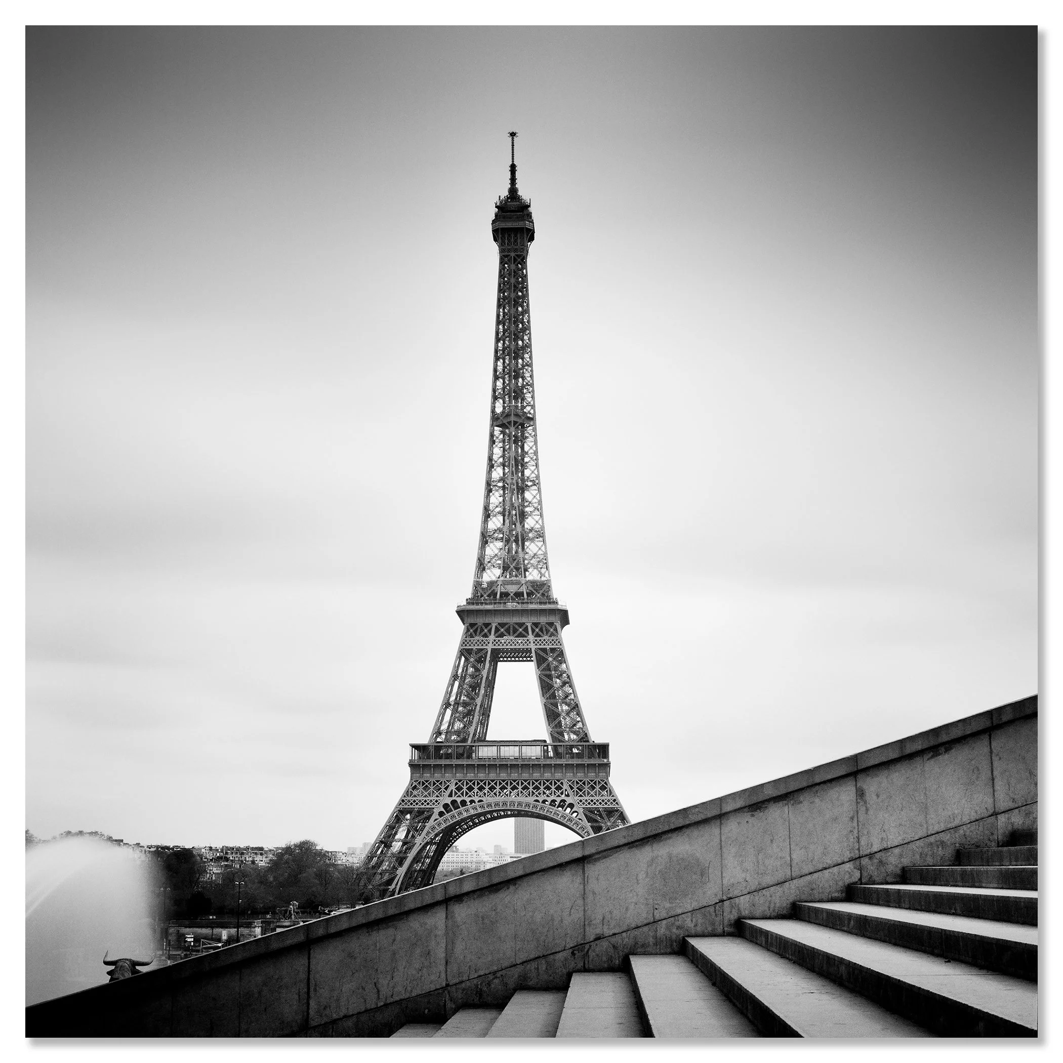 Eiffel Tower Study 13 shown as a frameless black-and-white print mounted on aluminium Dibond by Gerald Berghammer.