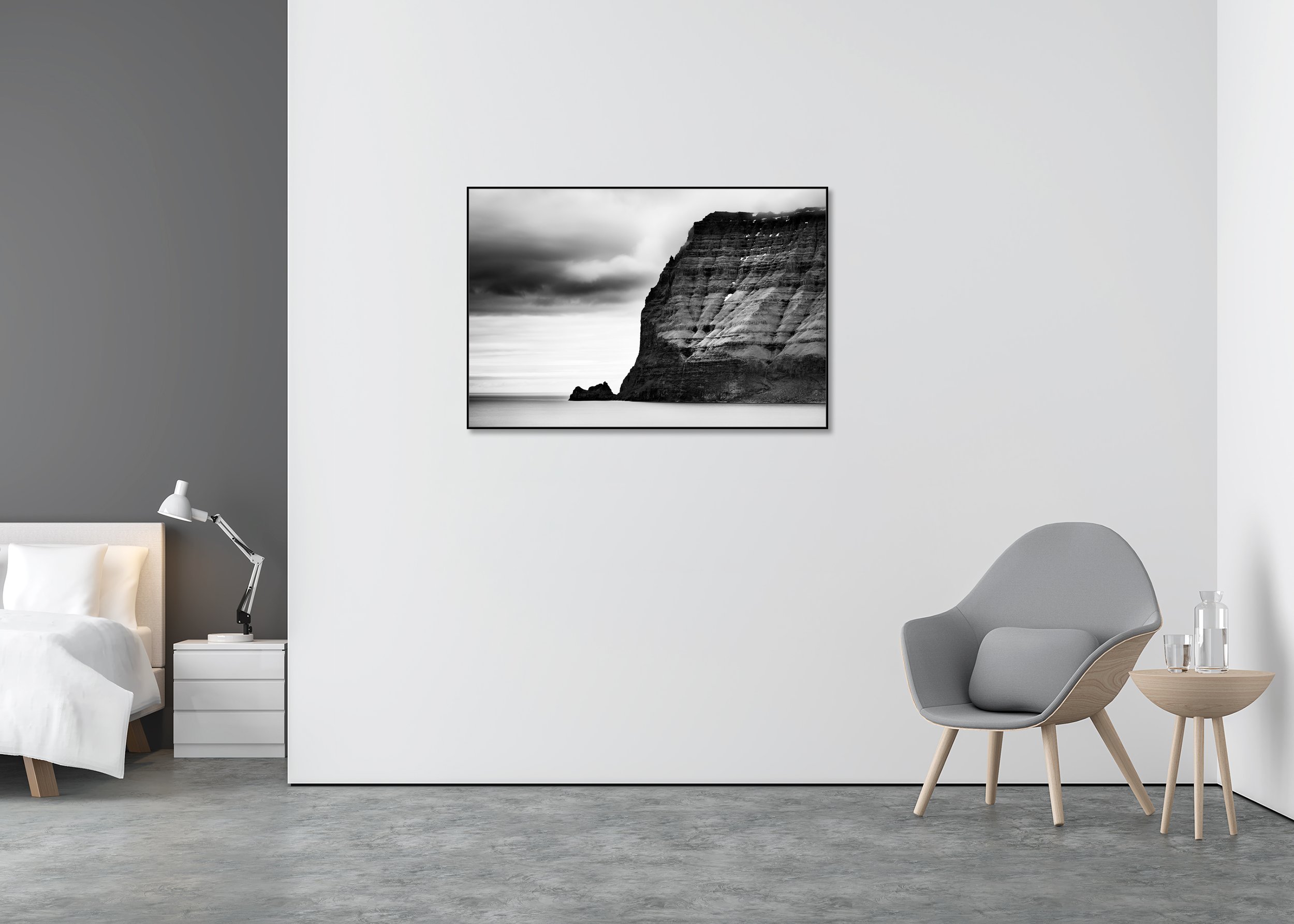 Sea Cliffs Study 2 displayed in a modern interior, mounted on aluminium Dibond in a black ArtBox frame. Photo by Gerald Berghammer.
