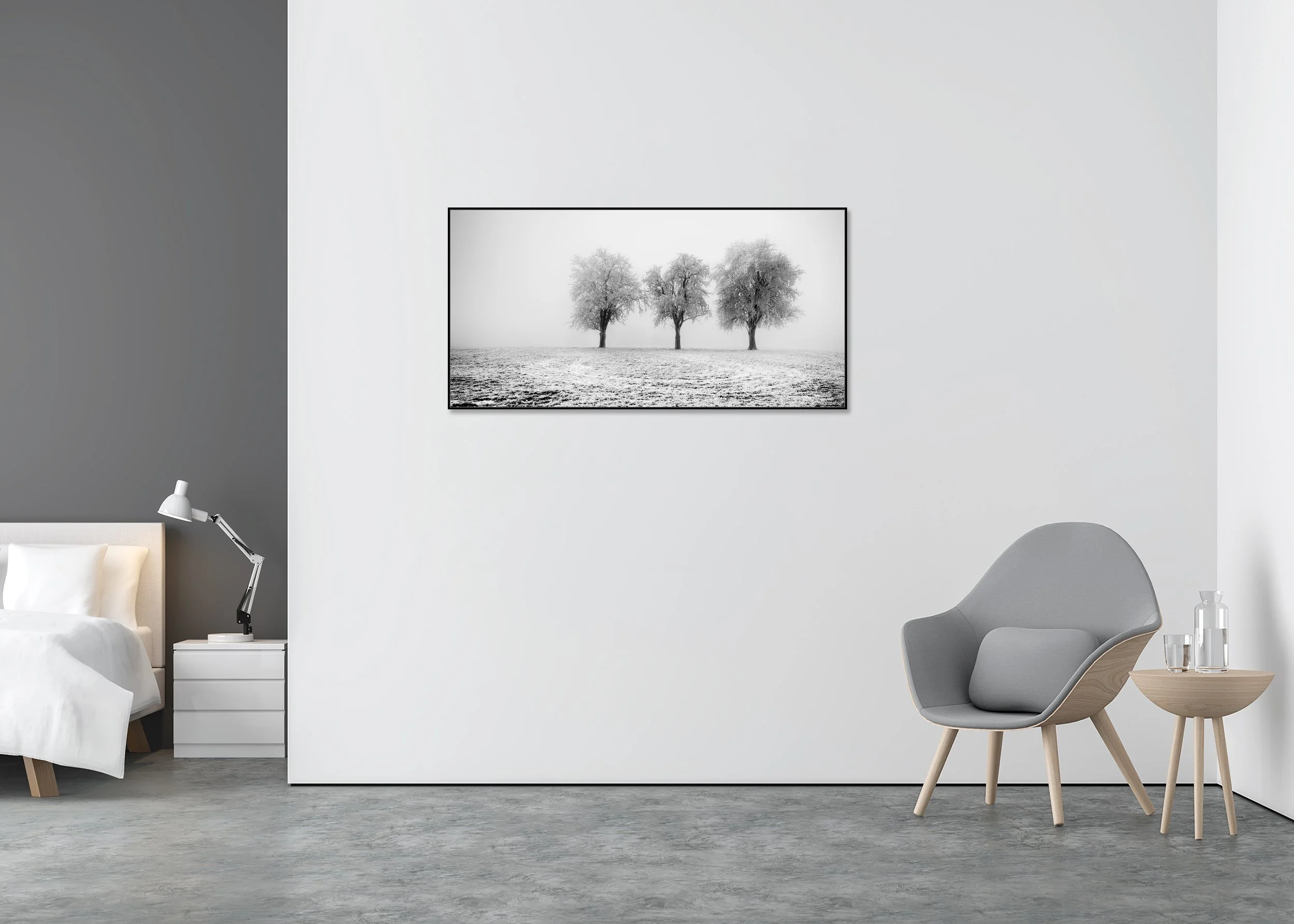 Black and white photo print of three icy trees in a snow-covered field under a foggy sky, mounted to Dibond in an aluminium ArtBox.