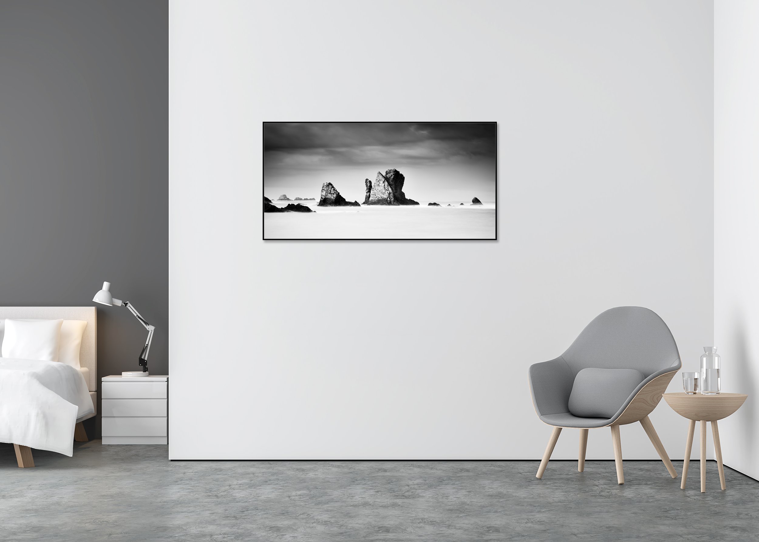 Silencio Beach, Study 1 – black-and-white Dibond print in a black aluminium ArtBox displayed in a minimalist bedroom.