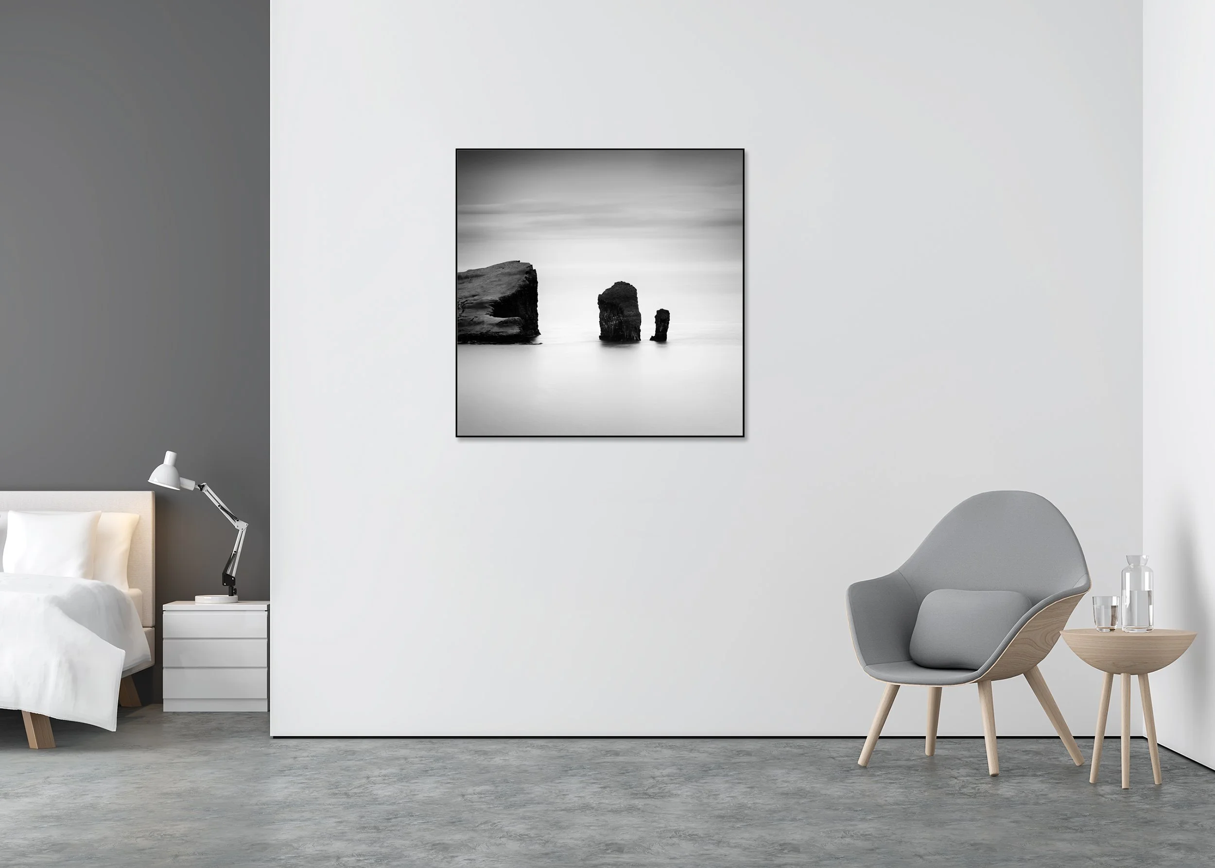 North Atlantic Basalt Study 1 displayed in a modern interior, mounted on aluminium Dibond in a black ArtBox frame by Gerald Berghammer.
