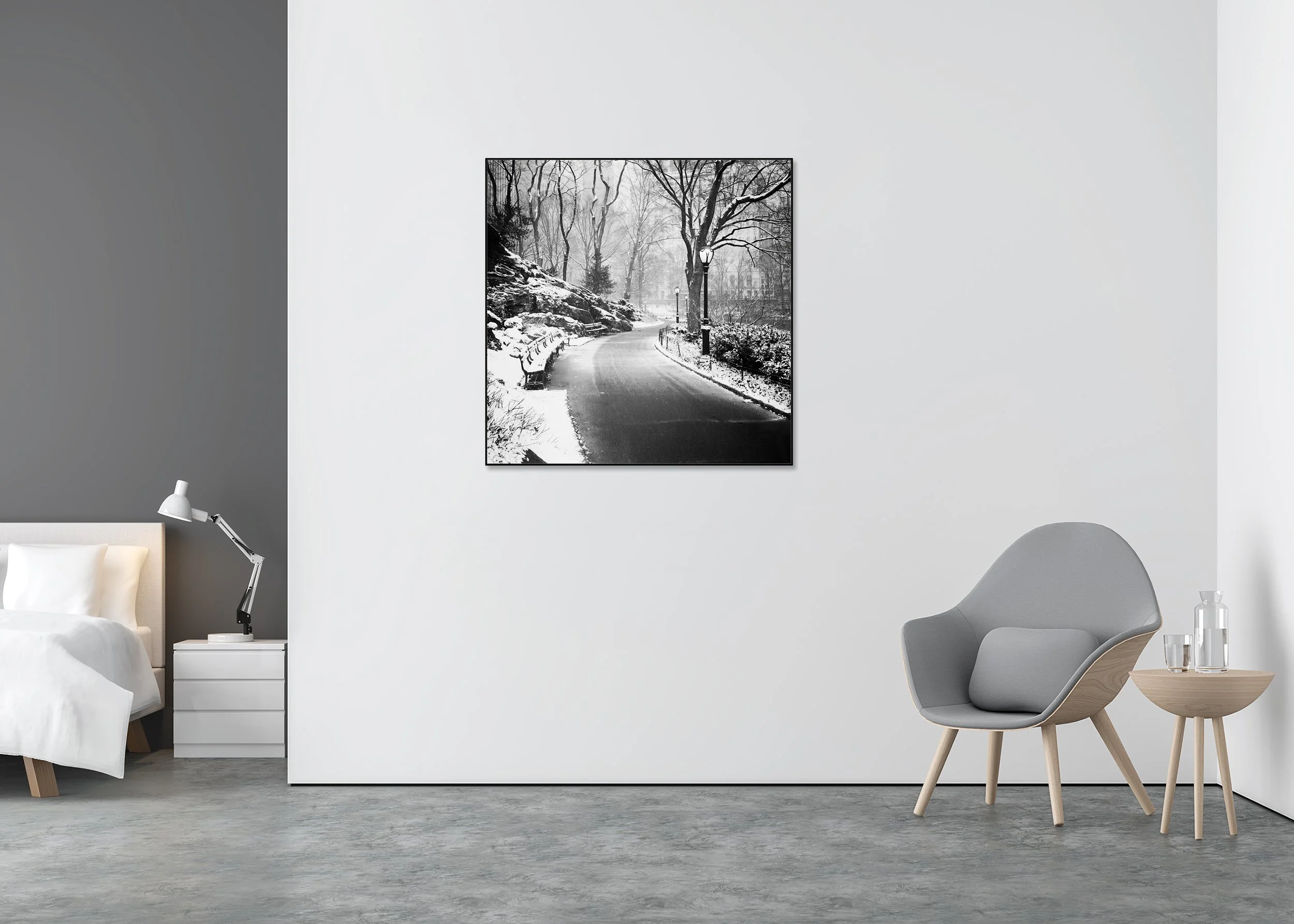 Snow-Covered Central Park Study 3 – New York City, black-and-white fine art photo print mounted to Dibond in an aluminium ArtBox