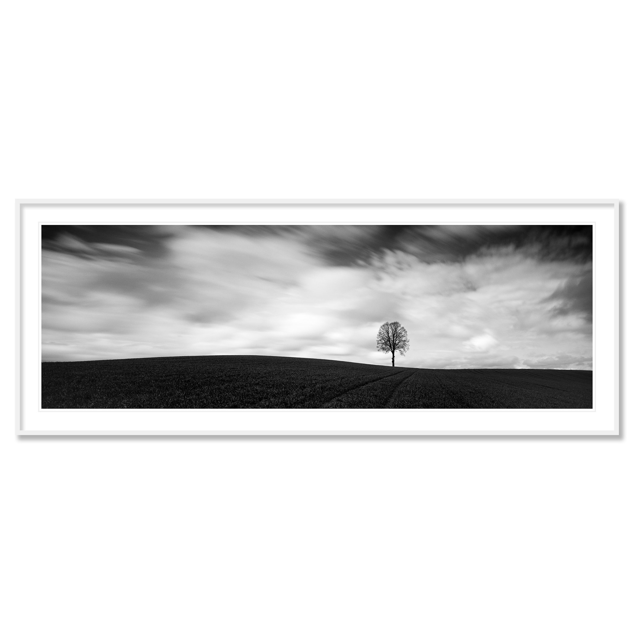 Farmland Panorama Study 1 shown as an archival pigment print in a white aluminium frame with white mount by Gerald Berghammer.