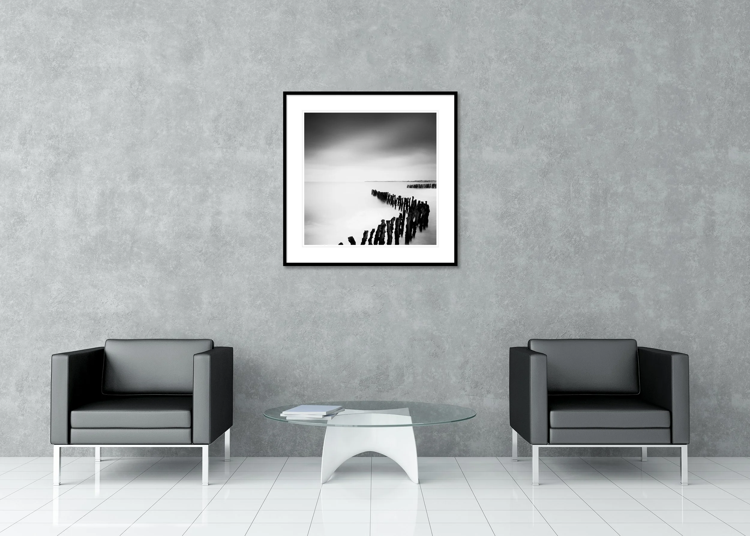 Sea Breakers, France, displayed on a wall as an archival pigment print in a black aluminium frame with a white mount by Gerald Berghammer.