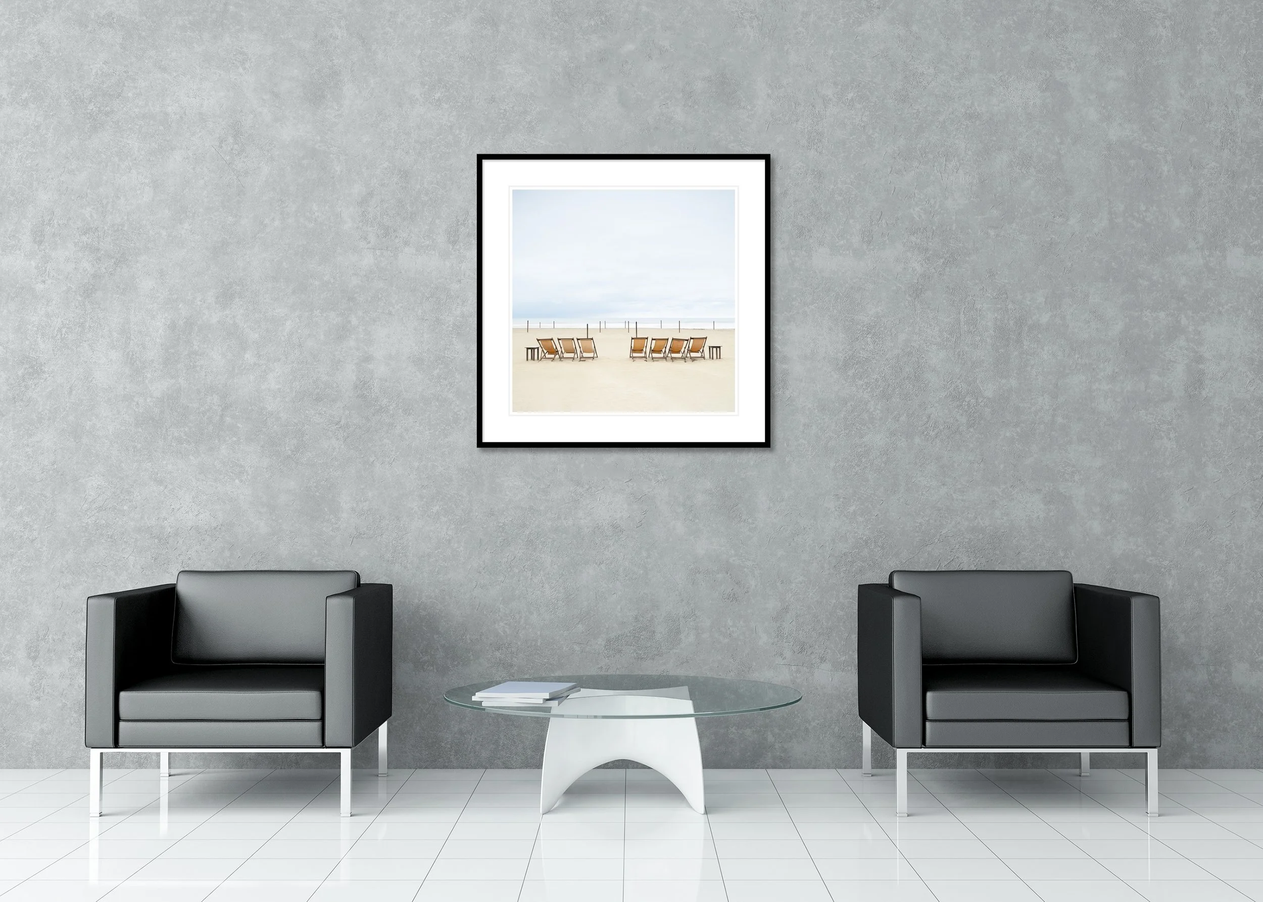 Sun Loungers on the Beach, Study 3 – archival pigment print in an aluminium frame with a white mount displayed in a modern interior.