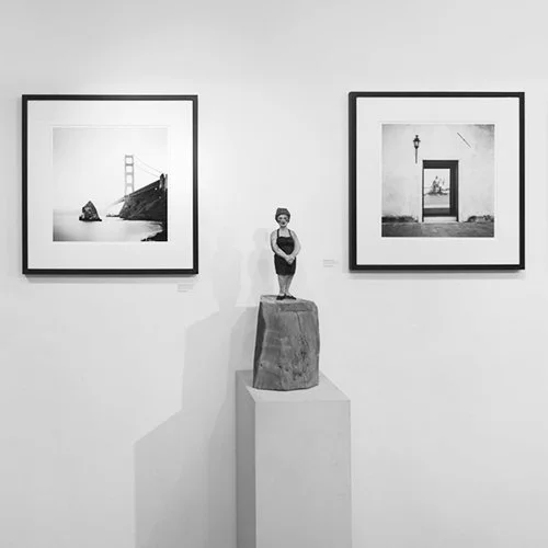 BLACK AND WHITE solo exhibition by Gerald Berghammer at Galerie Edition Camos in Munich, 2017, featuring framed black-and-white photographs and a figurative sculpture.