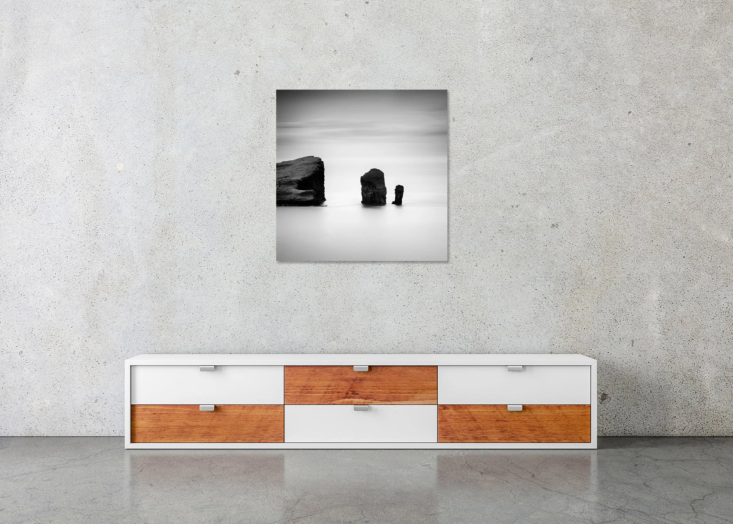 Minimalist black and white photo print of rock formations in calm sea water, Faroe Islands, mounted on Dibond, frameless.