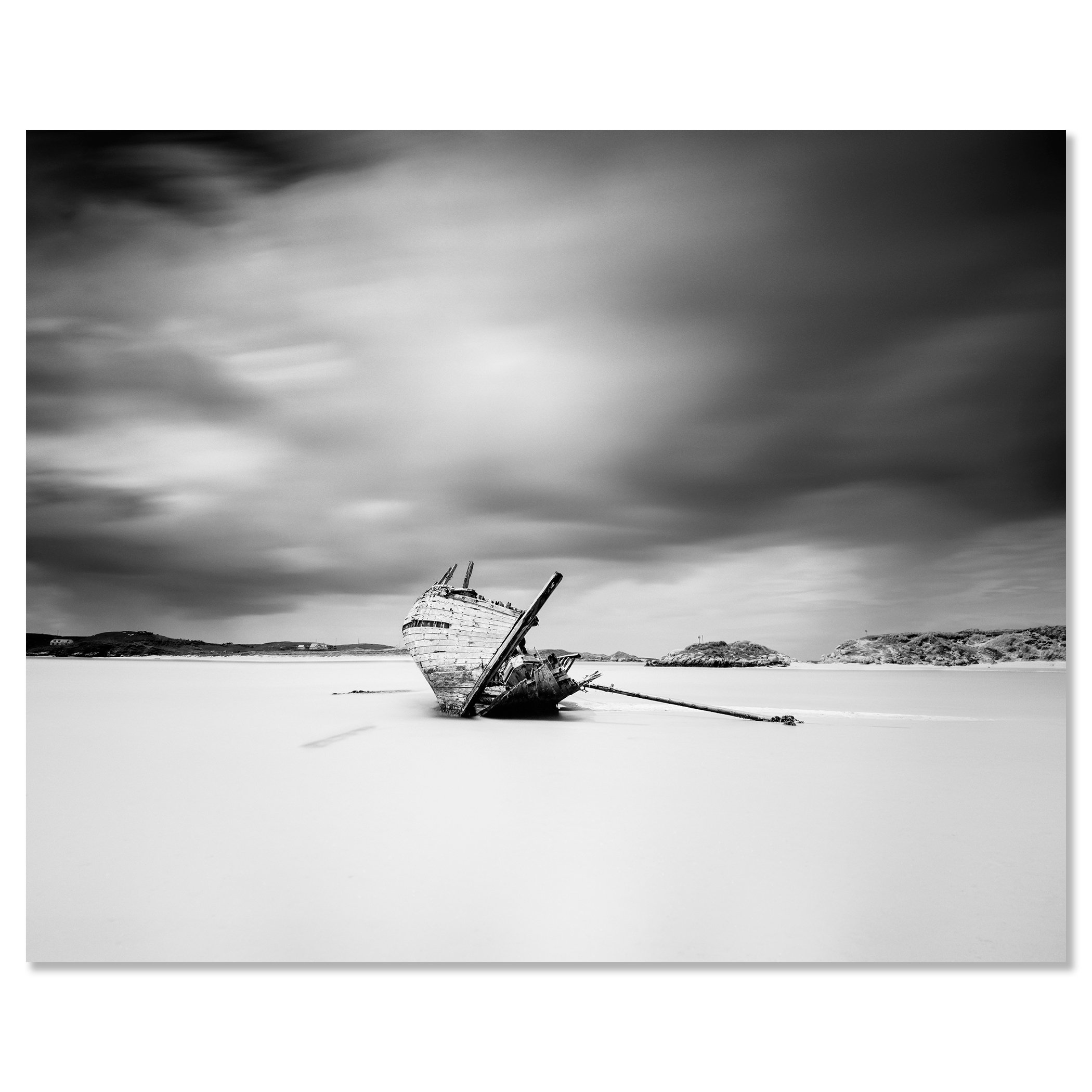 Bad Eddie’s Boat, Study 1 presented as a frameless black-and-white aluminium Dibond print by Gerald Berghammer.