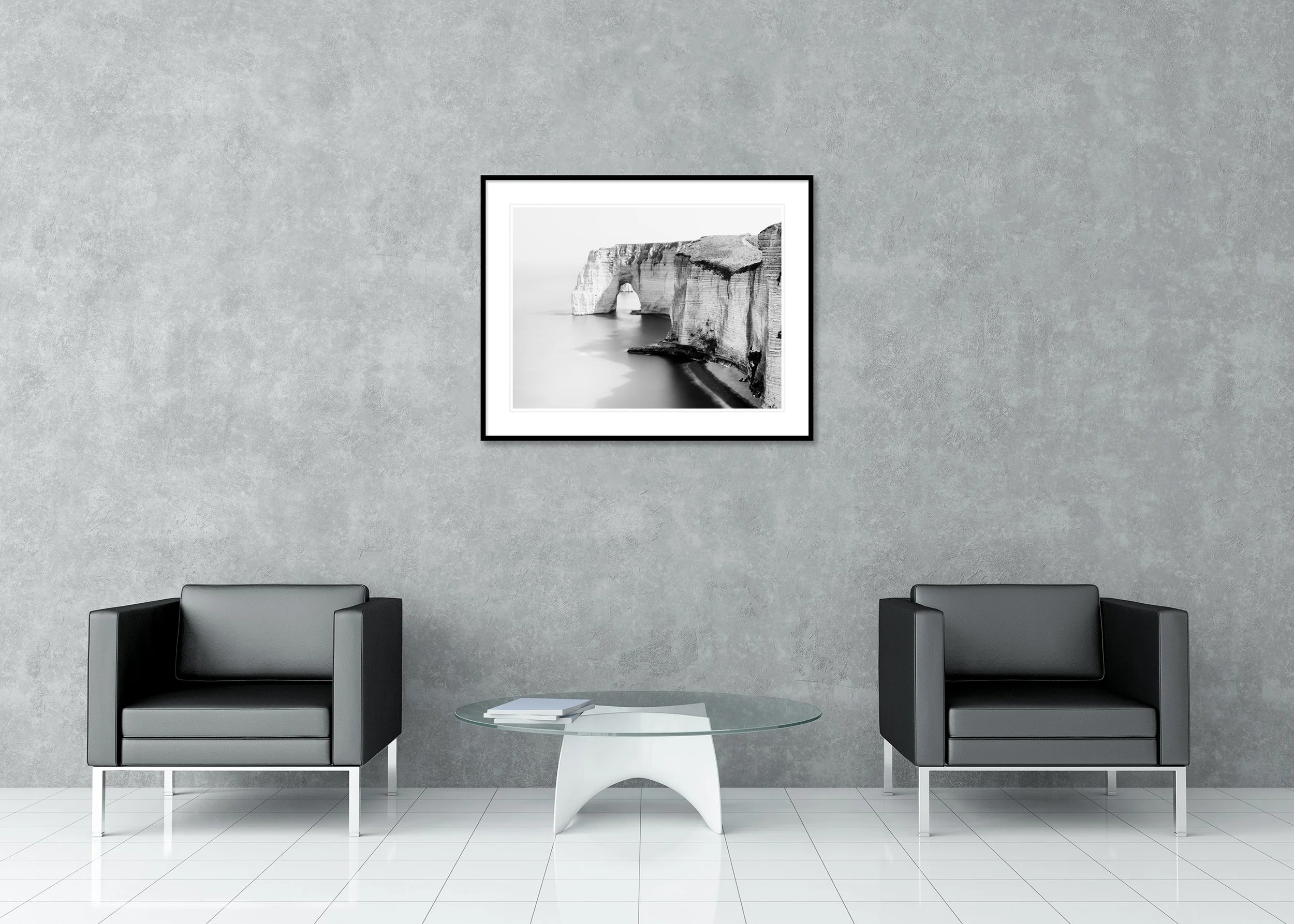 Alabaster Coast, Study 2 – archival pigment print in a black aluminium frame with a white mount displayed in a modern lounge.