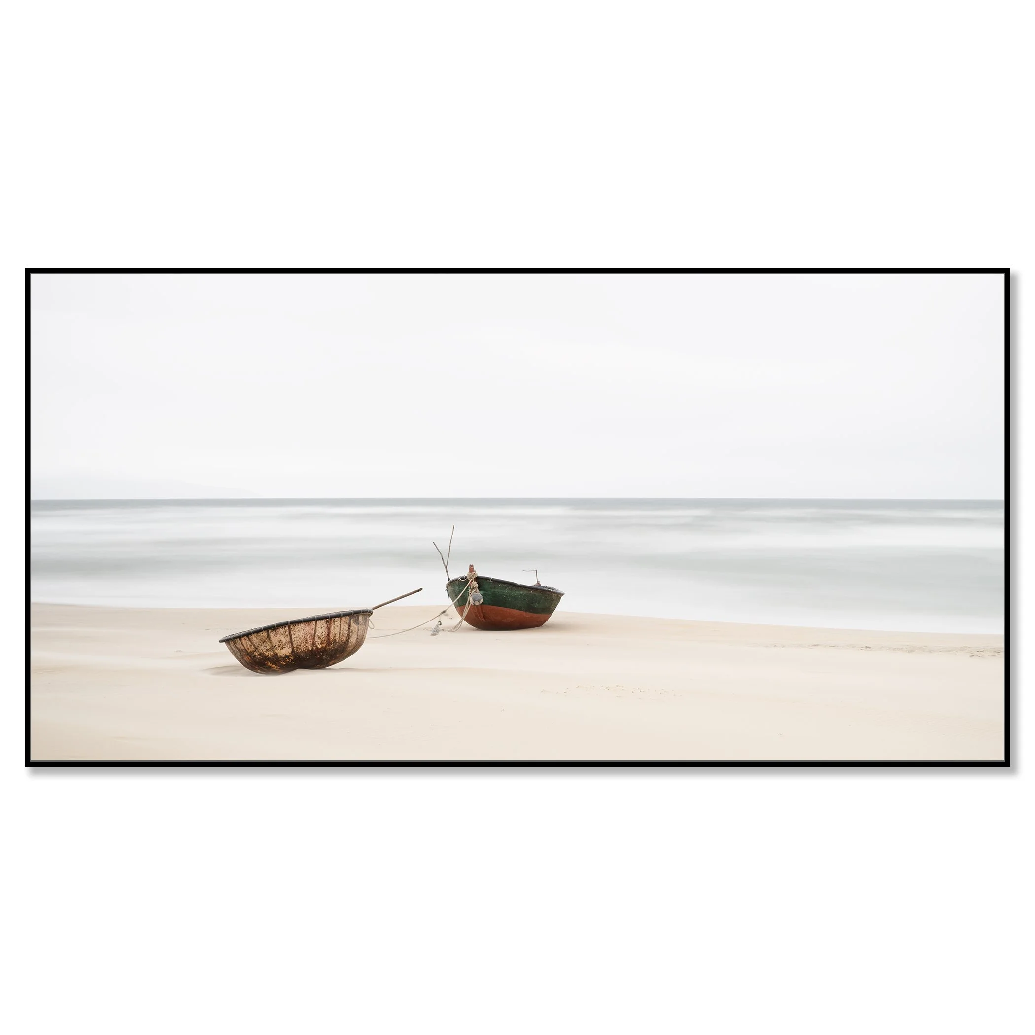 Long-exposure panorama of two boats on sandy Vietnam beach – framed ArtBox black