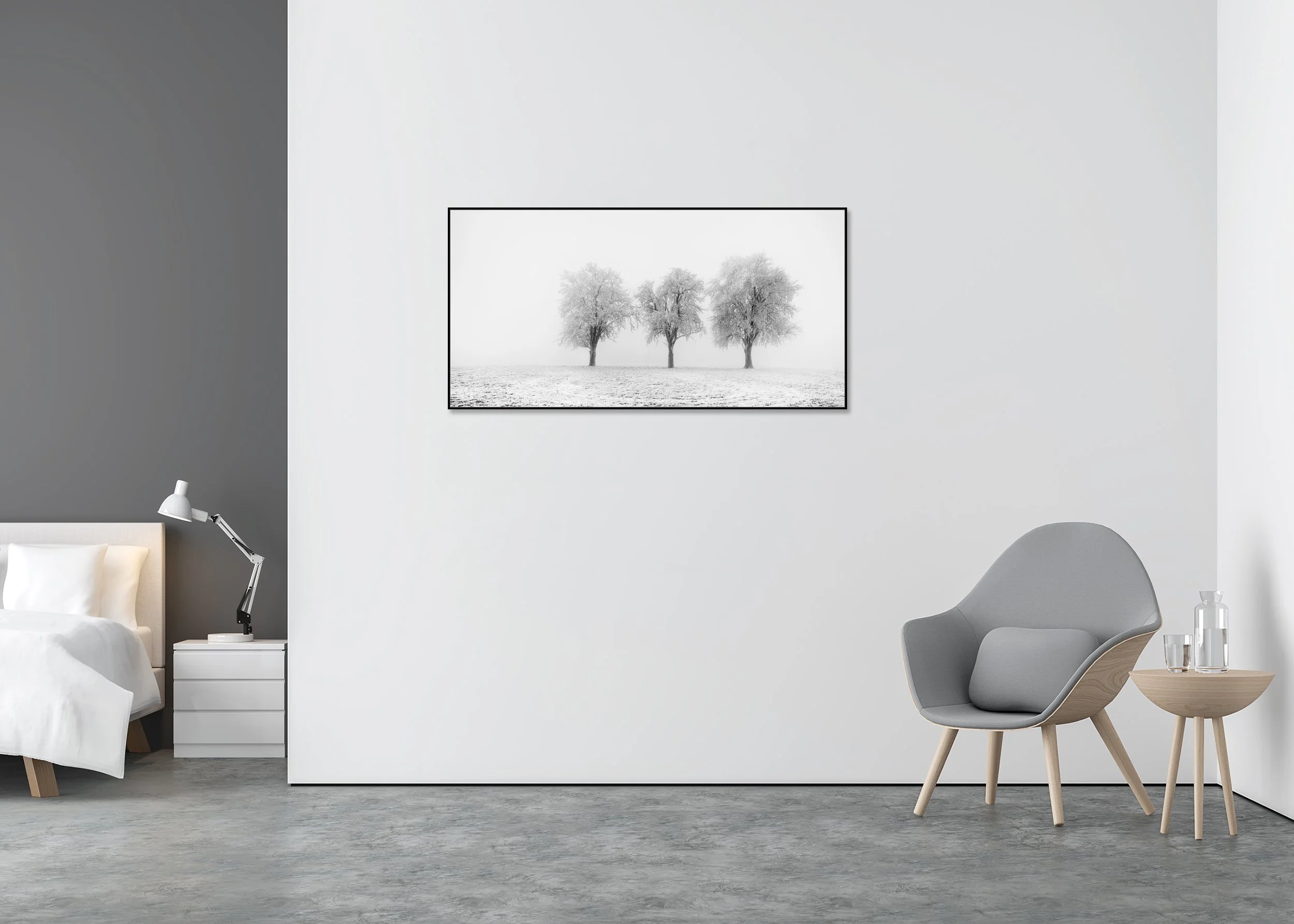 Frozen Apple Trees Panorama Study 2 displayed in a modern interior, mounted on aluminium Dibond in a black ArtBox frame by Gerald Berghammer.