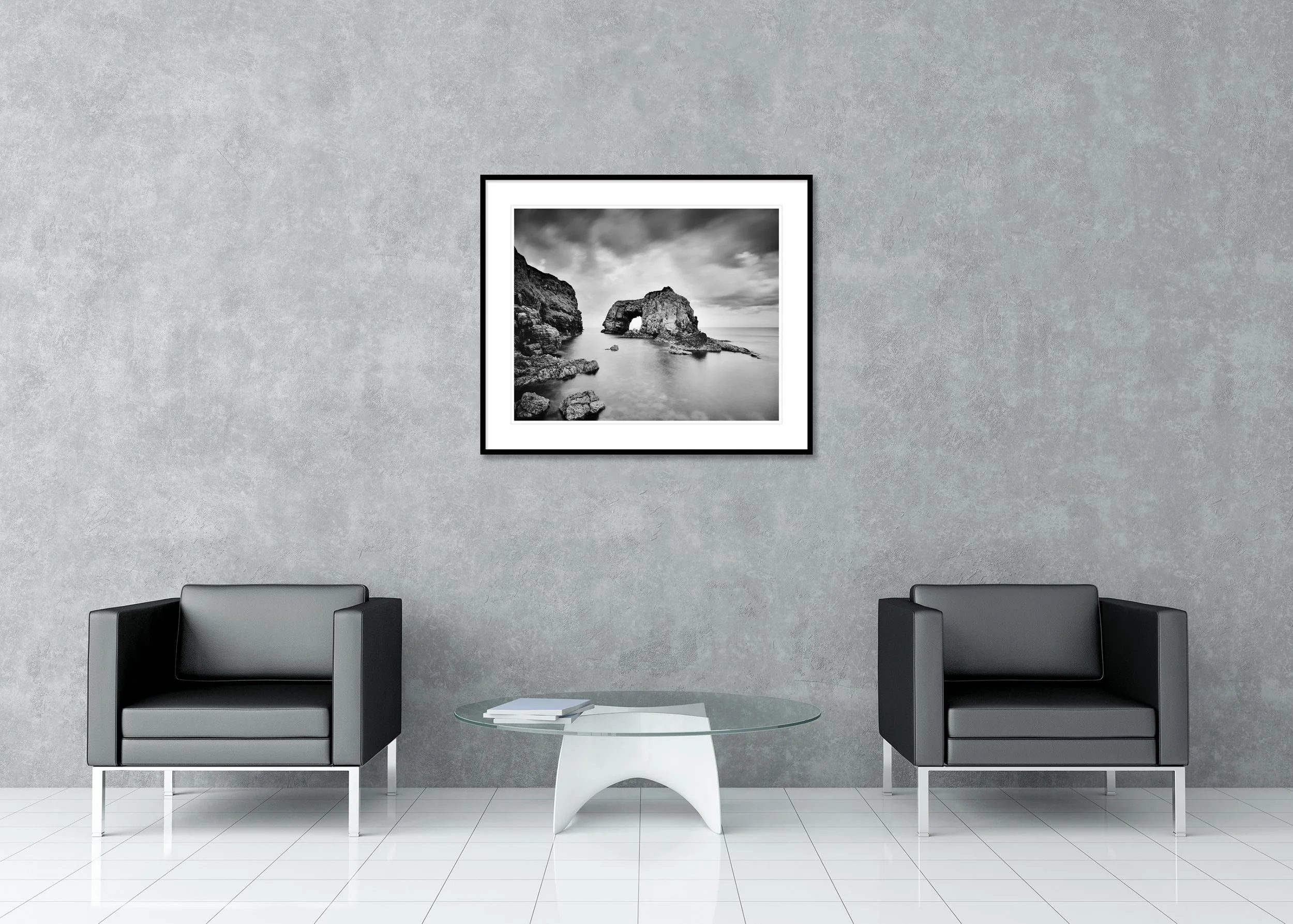 Great Pollet Sea Arch Study 3 displayed as an archival pigment print in a black aluminium frame with a white mount by Gerald Berghammer.