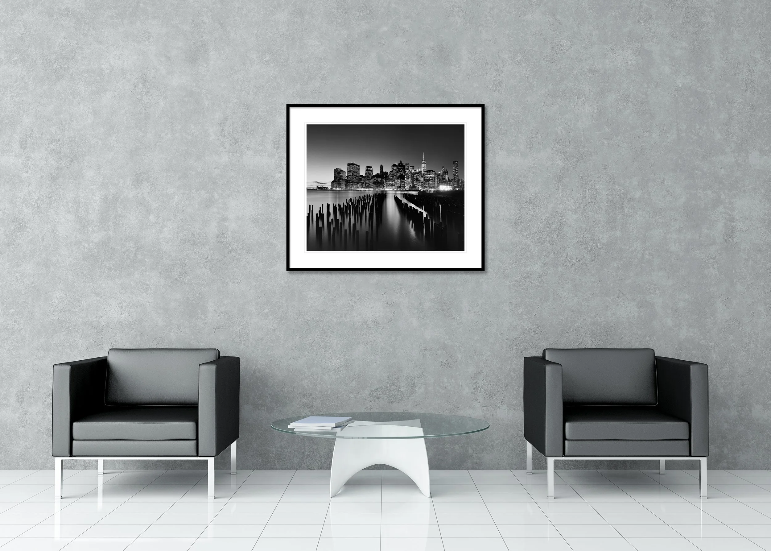 Manhattan Skyline Study 1 by Gerald Berghammer in a black aluminium frame with white mount in a modern interior.