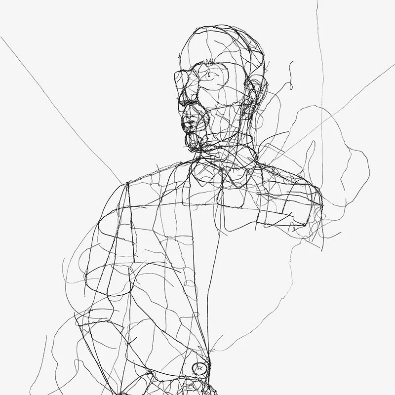 Line drawing of a man wearing glasses and a suit, viewed from the side.