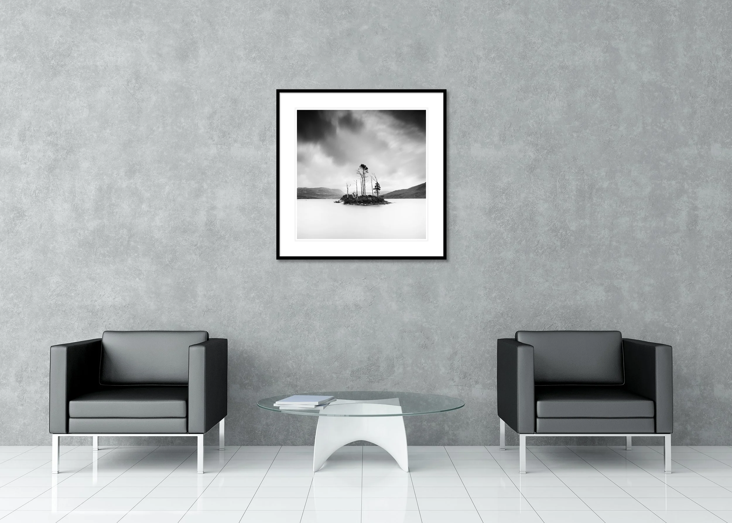 Drowned Island Study 1 displayed as an archival pigment print in a black aluminium frame with a white mount by Gerald Berghammer.