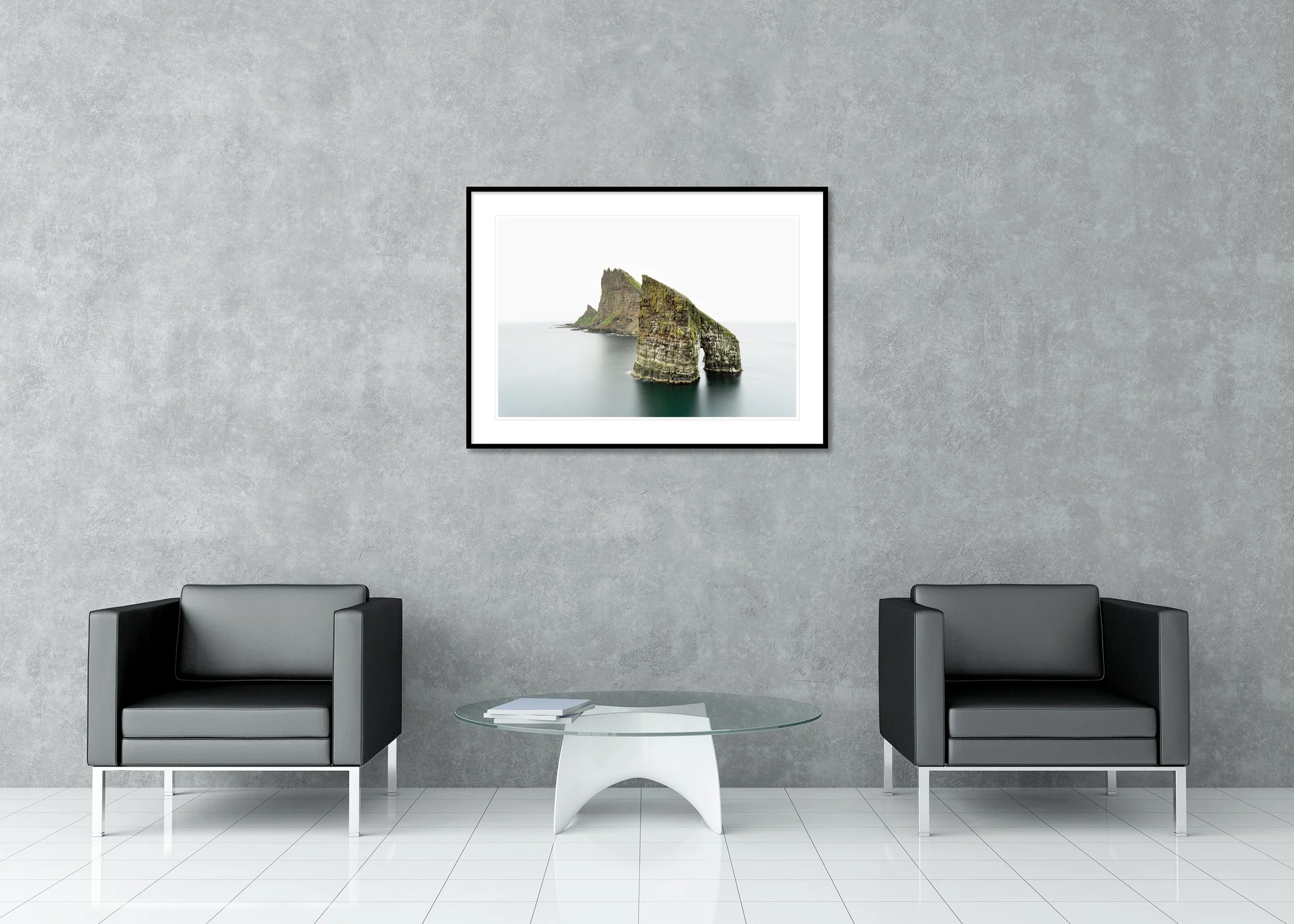 Drangarnir Sea Arch Panorama – Faroe Islands, colour archival pigment print in a classic frame with a mount