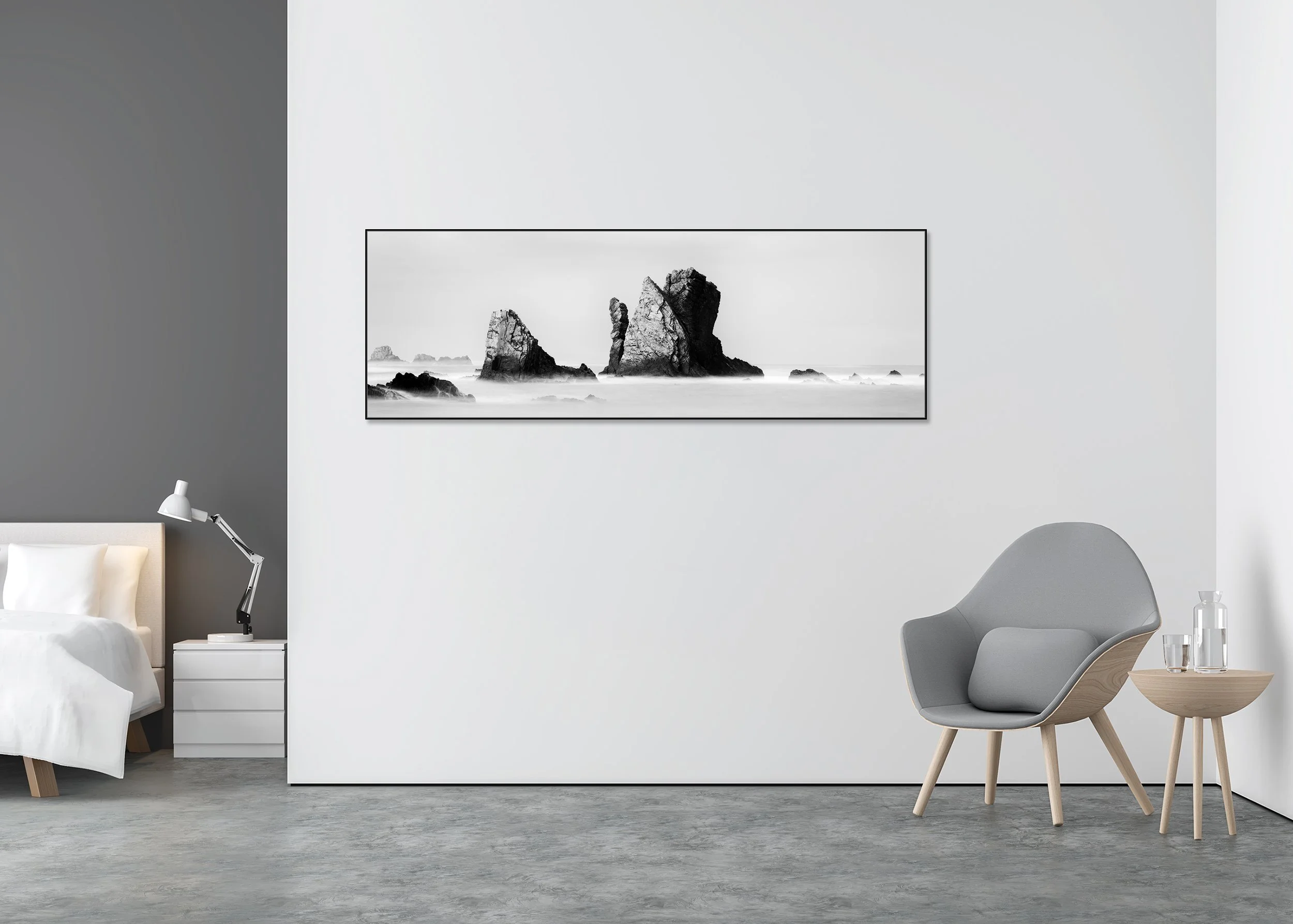 Long exposure black and white coastal landscape with sea stacks and ocean mist, photo print mounted to Dibond in an aluminium ArtBox