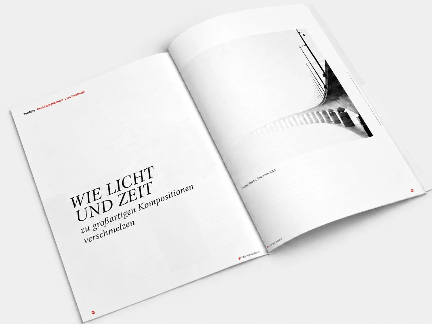 Fine Art Printer magazine spread titled Wie Licht und Zeit, featuring minimalist black-and-white architectural photography by Gerald Berghammer.