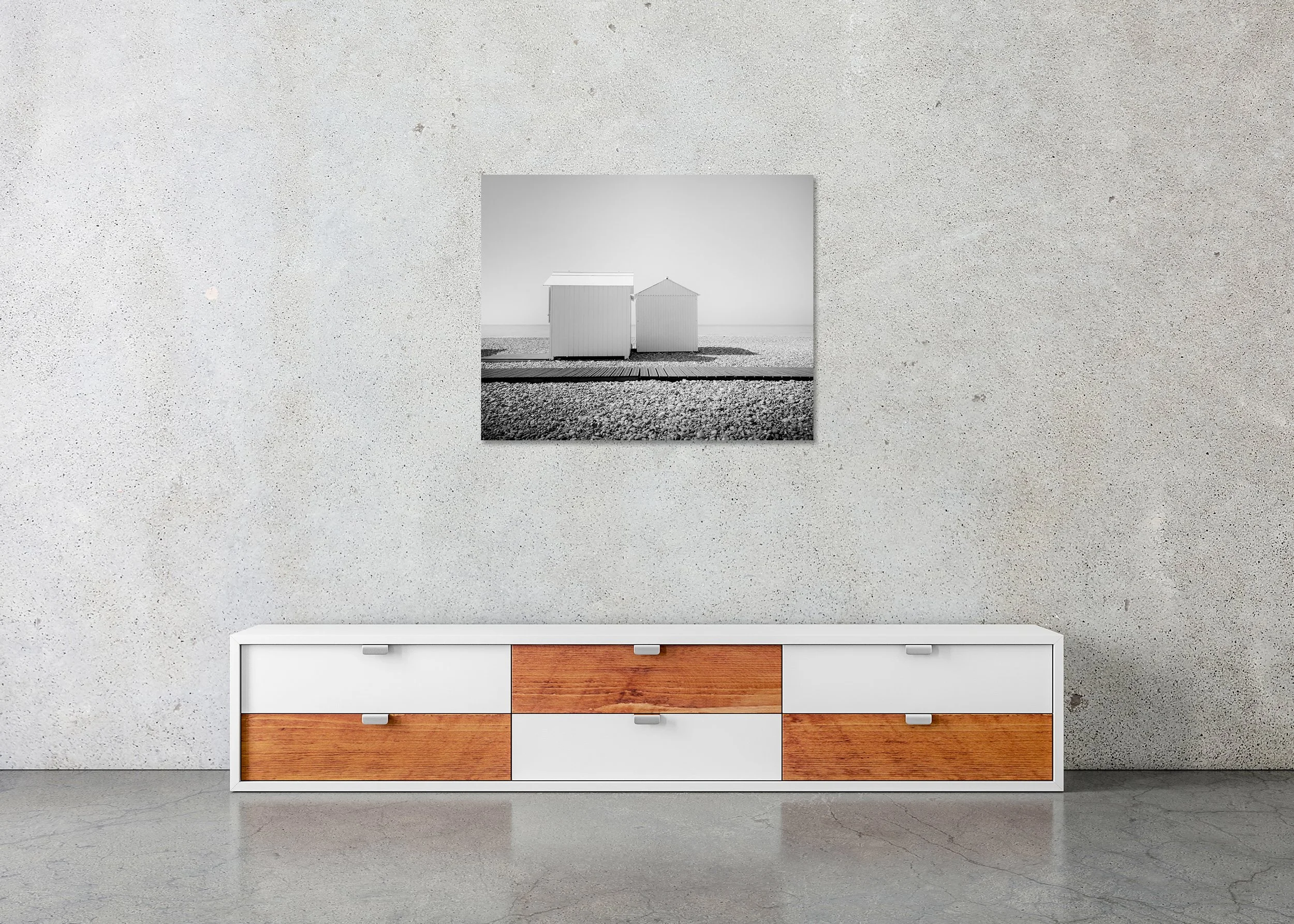Esplanade Study 2 displayed in a modern interior as a frameless black-and-white artwork mounted on aluminium Dibond by Gerald Berghammer.