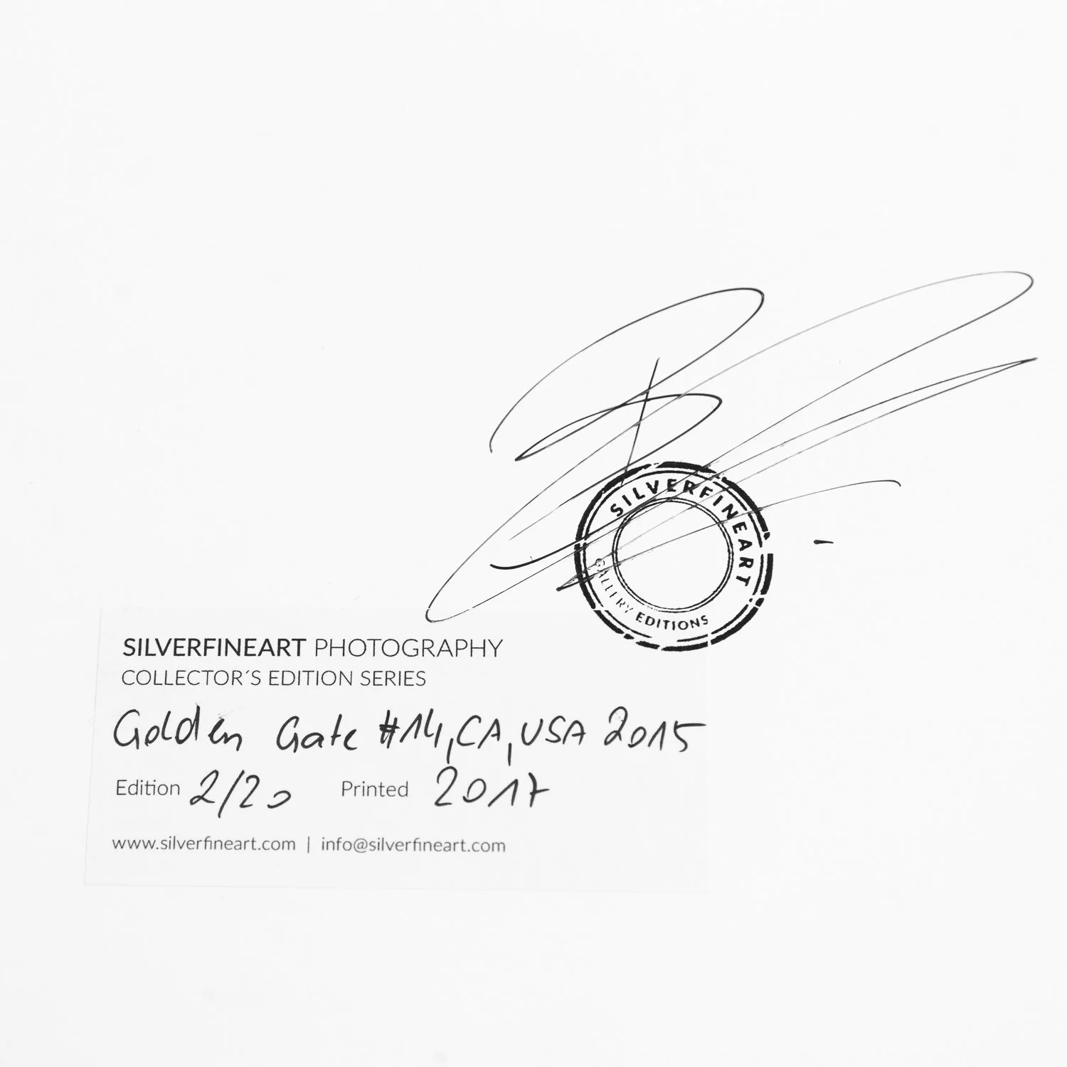Close-up of Gerald Berghammer's signature, gallery stamp and handwritten edition 2/20 on Golden Gate Study 14.