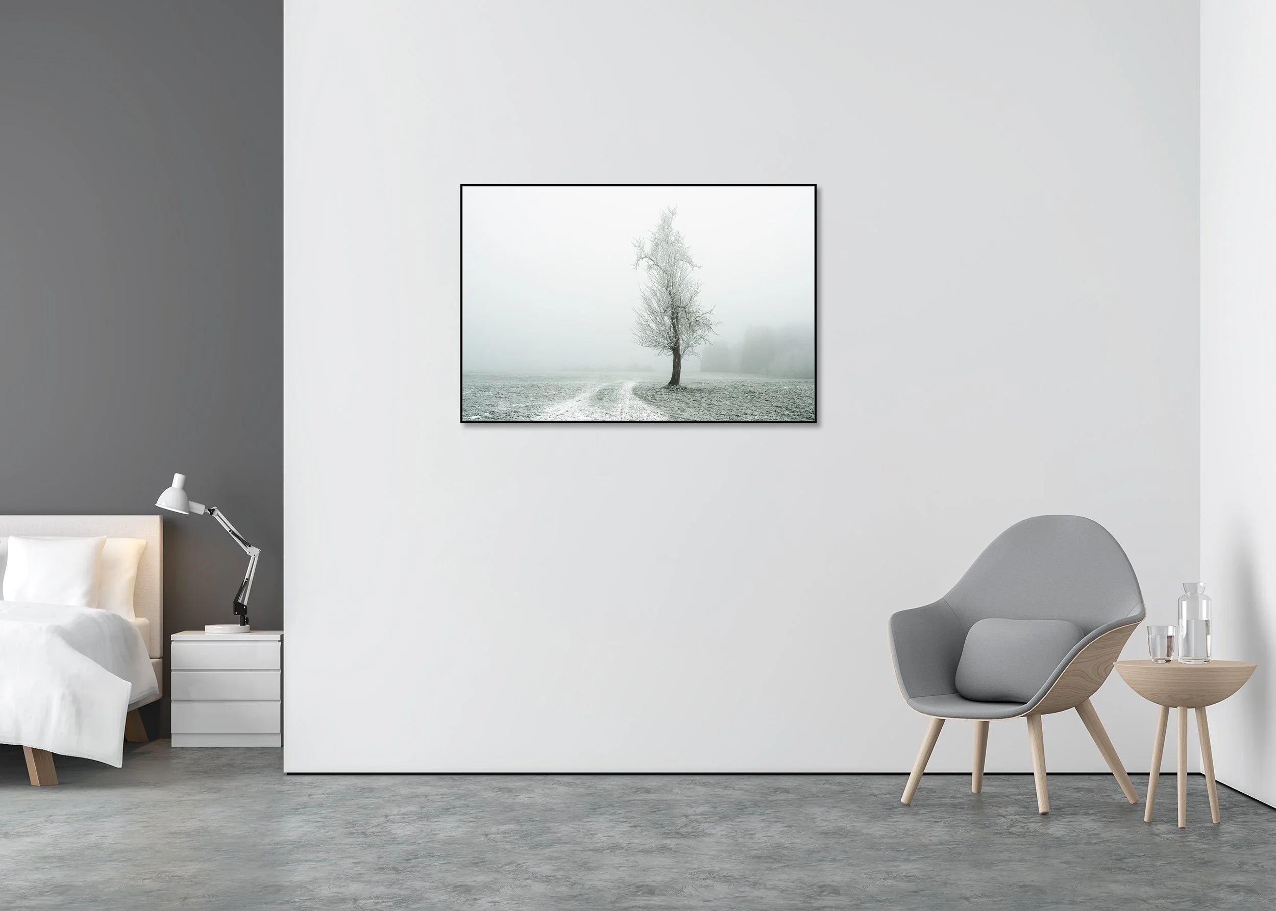 Lonely Tree on the White Path – Austria, colour photograph on Dibond in an aluminium ArtBox displayed in a minimalist interior.