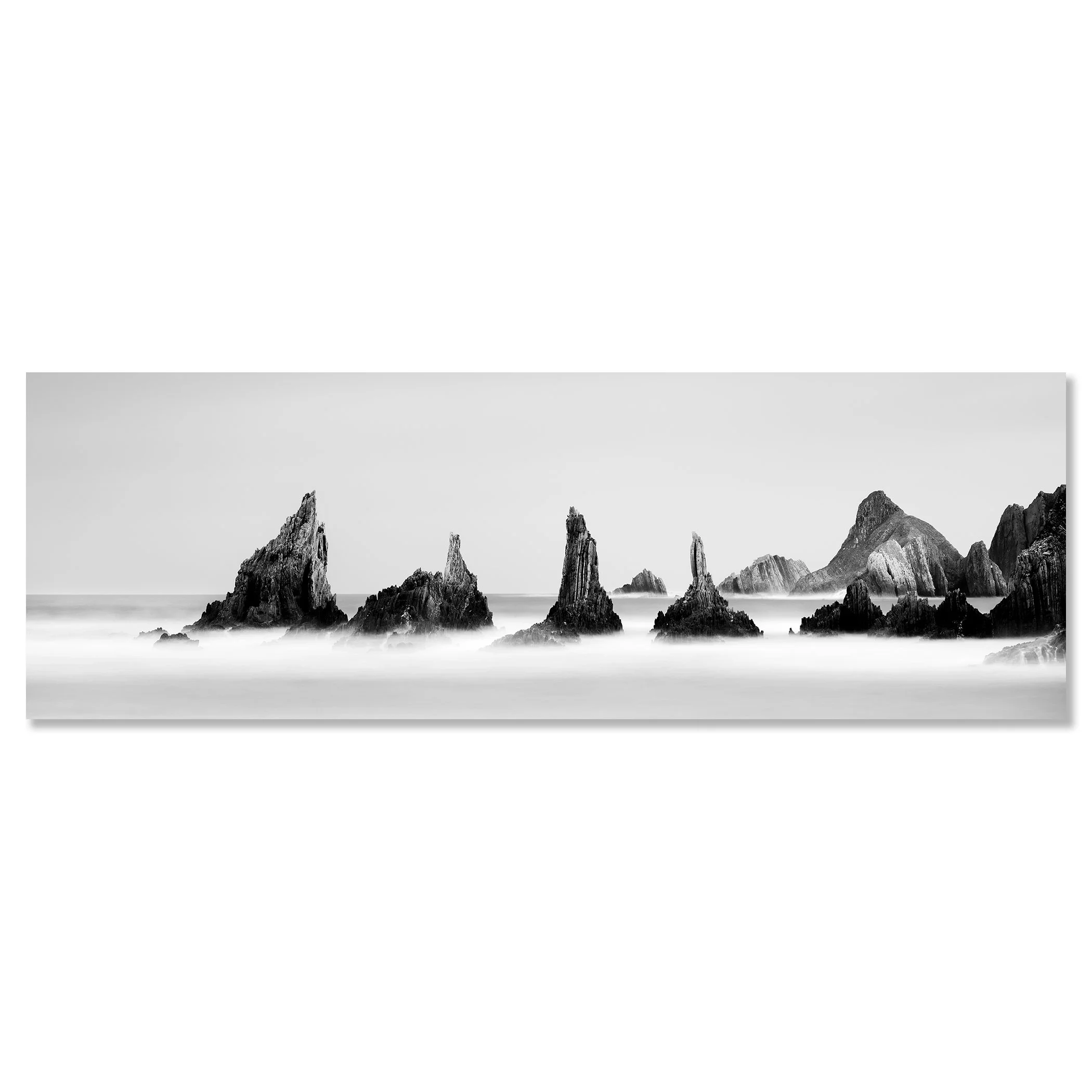 Fine art monochrome seascape showing rugged offshore rocks surrounded by misty surf – dibond frameless
