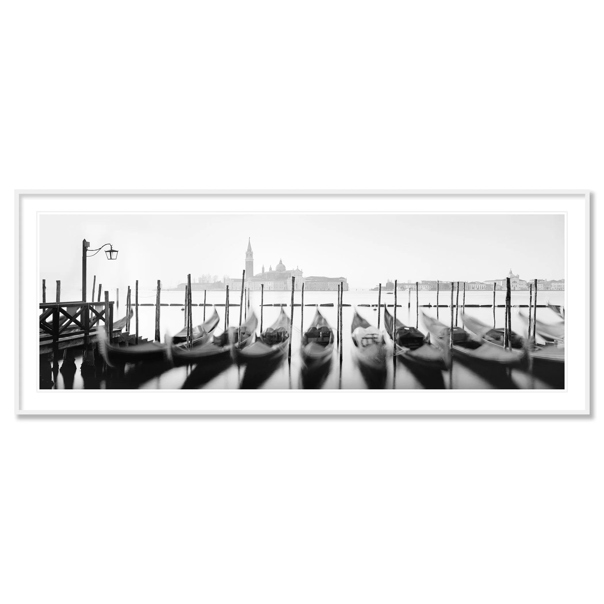 Twelve Gondolas by Gerald Berghammer, black-and-white panoramic fine art print in a white aluminium frame with a white mount.