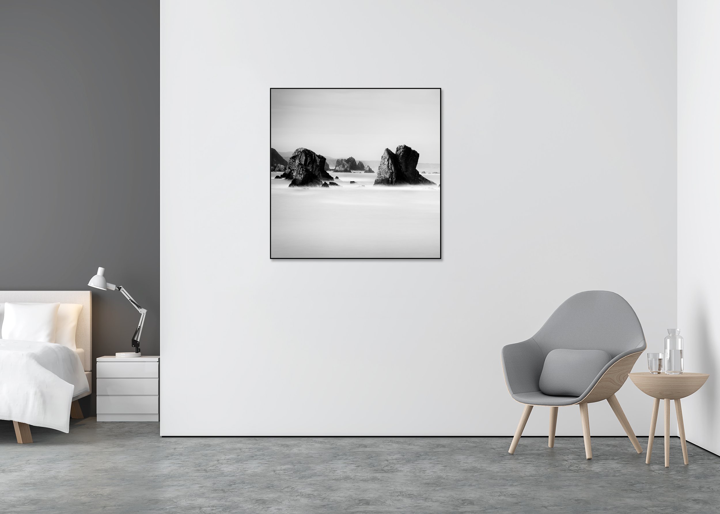 Playa del Silencio Study 2 displayed in a modern interior, mounted on aluminium Dibond in an ArtBox frame. Photo by Gerald Berghammer.