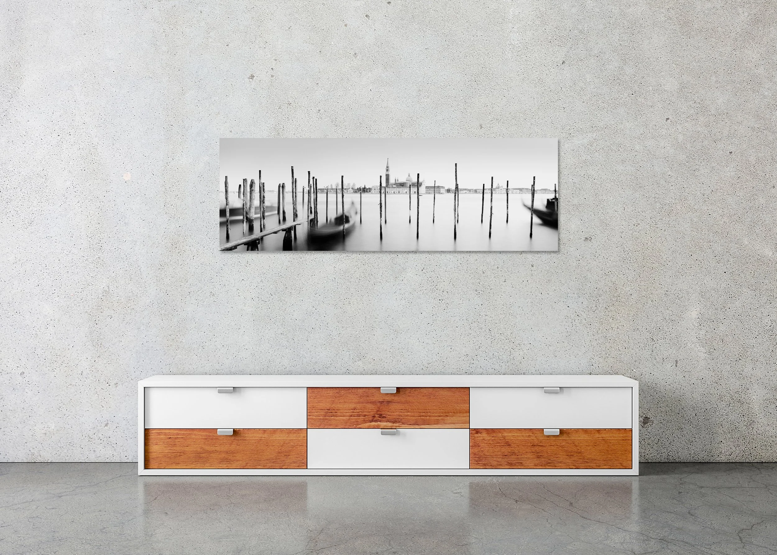 Basilica di San Giorgio Maggiore Panorama by Gerald Berghammer displayed in a contemporary interior as a frameless Dibond artwork.