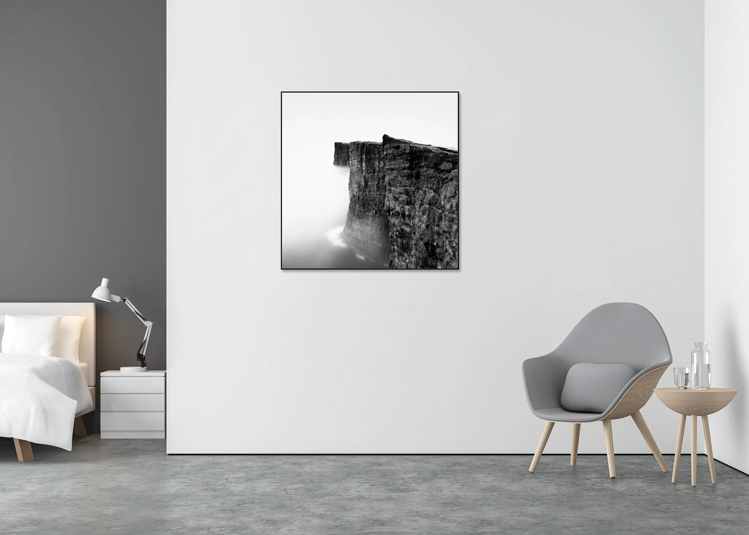 Black and white photo of steep coastal cliffs above the ocean, rugged rock textures fading into fog and sea mist. ChromaLuxe Metal Print – Aluminium ArtBox