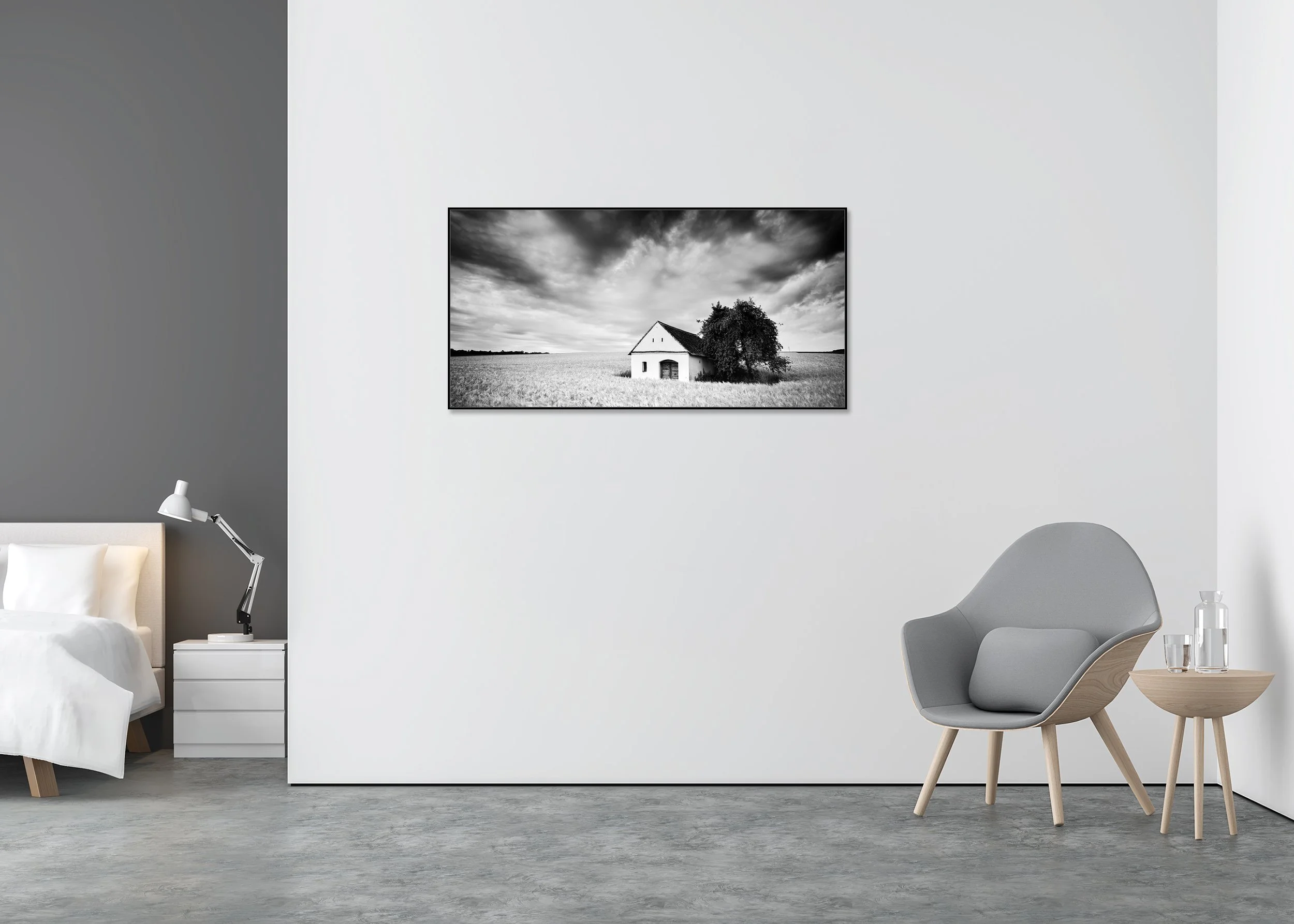Wine Press House, Panorama Study 1 – black-and-white photograph in a black aluminium ArtBox displayed in a minimalist bedroom. Photo by Gerald Berghammer.