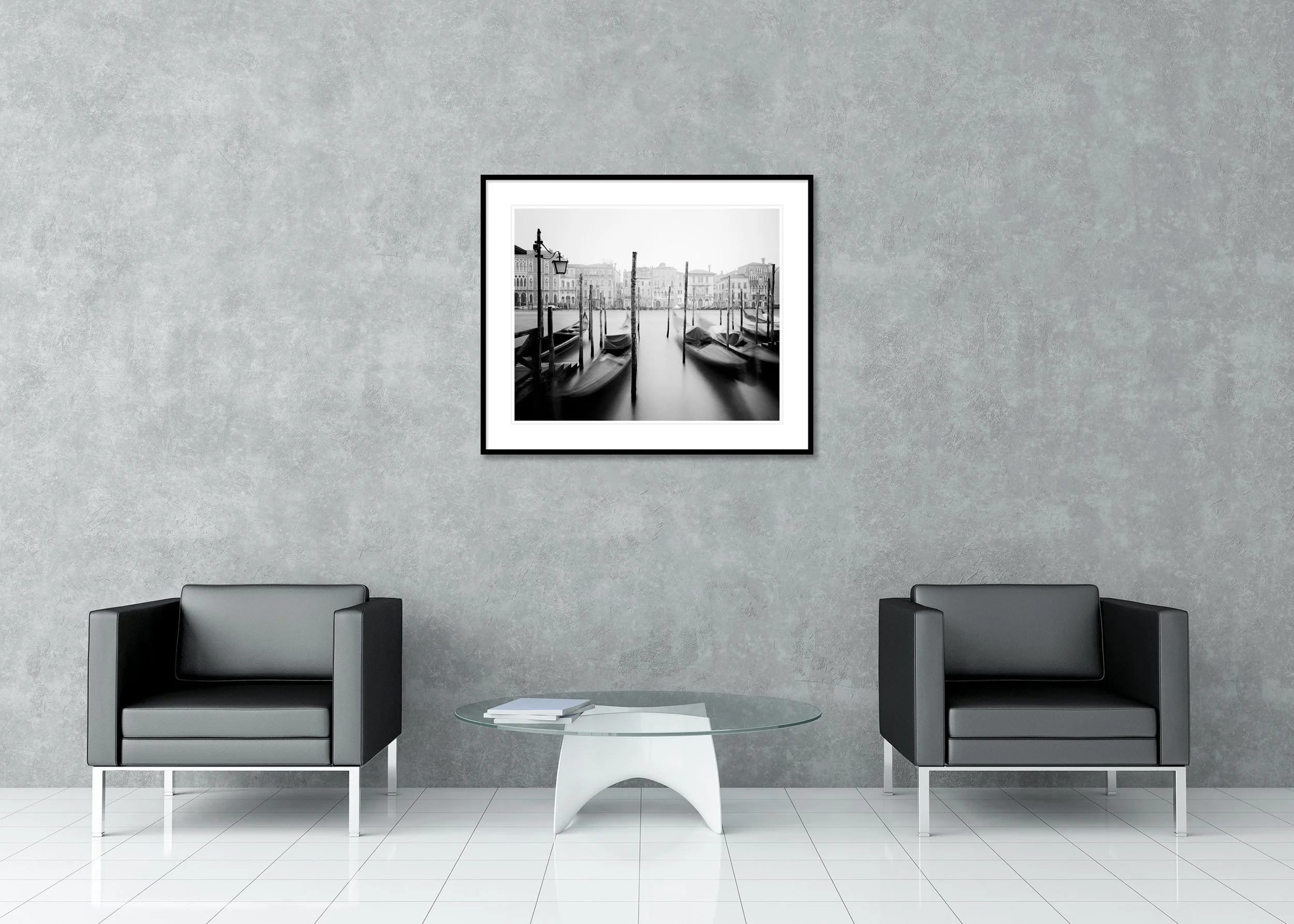 Black and white long-exposure photograph of gondolas in Venice by Gerald Berghammer, classic framed print with passepartout.