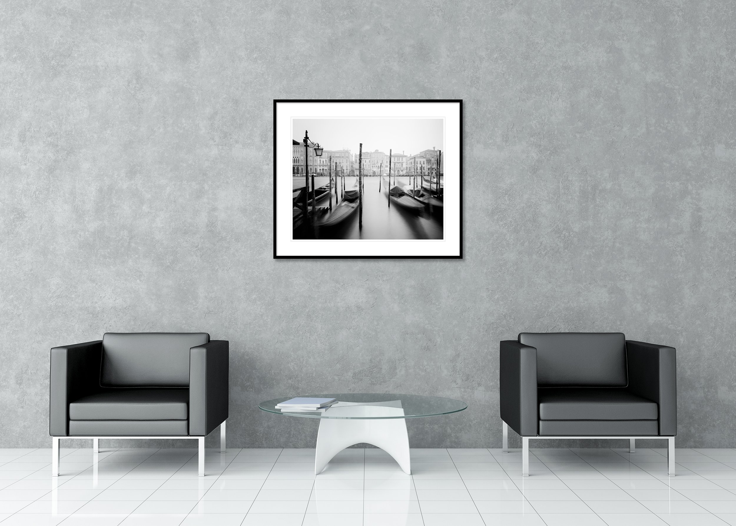 Gondola Study 1 – Venice, black-and-white archival pigment print in an aluminium frame with a white mount, displayed in a modern interior.