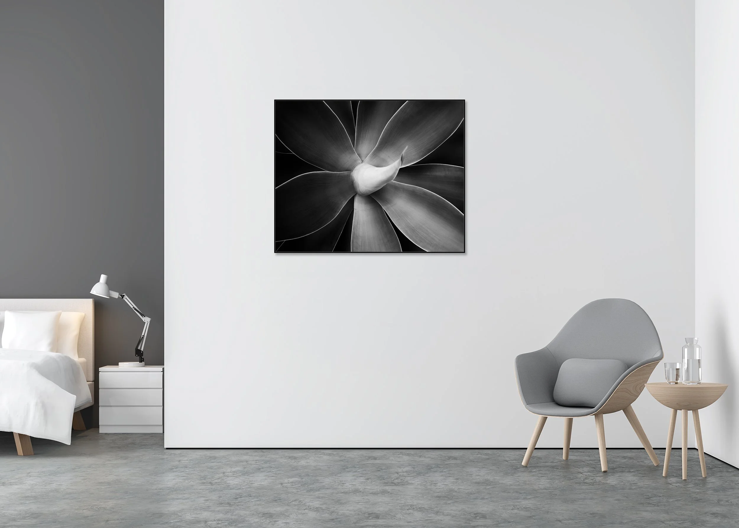 Abstract black-and-white flower macro with layered petals and soft tonal gradients, photo print mounted to Dibond in an aluminium ArtBox.