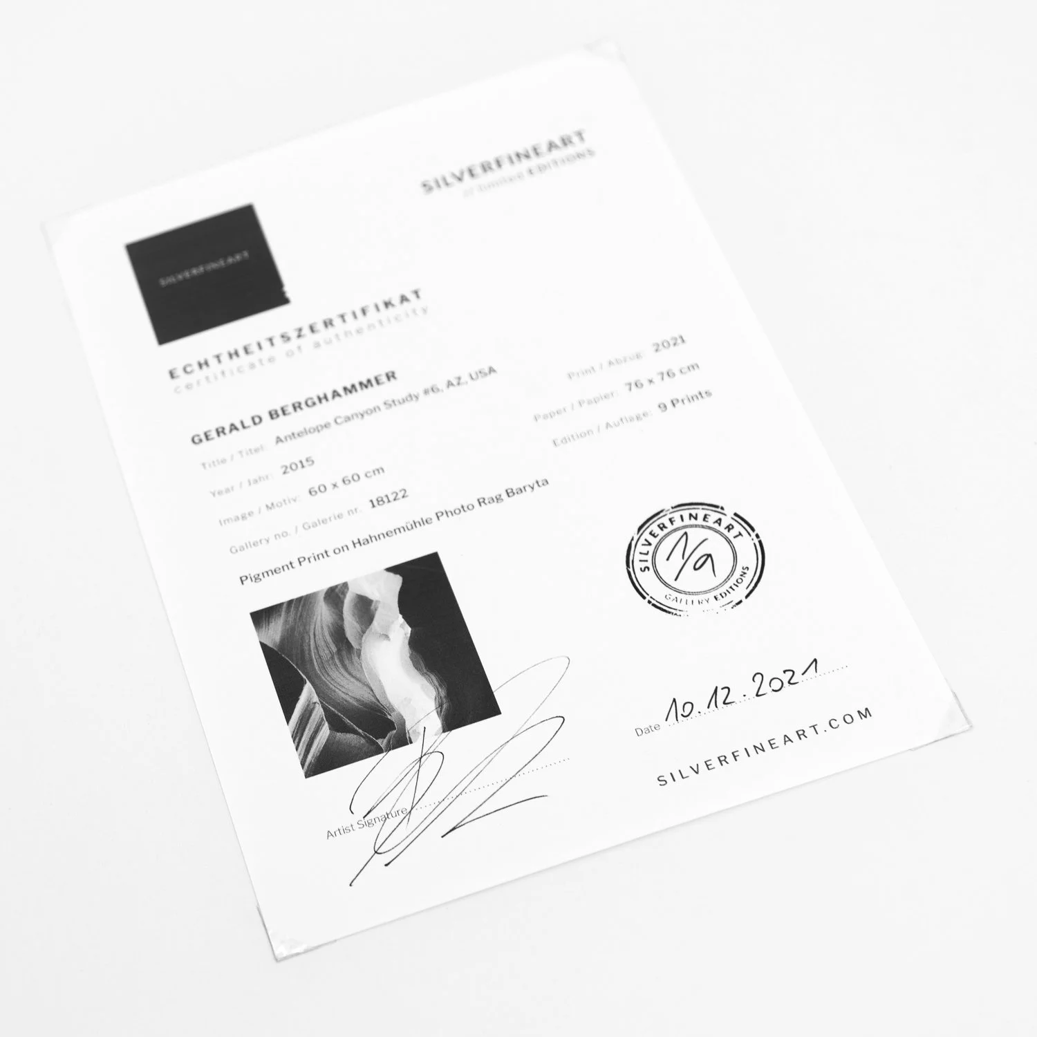 Certificate of Authenticity for Antelope Canyon 6 by Gerald Berghammer, photographed in 2015 and printed in 2021.