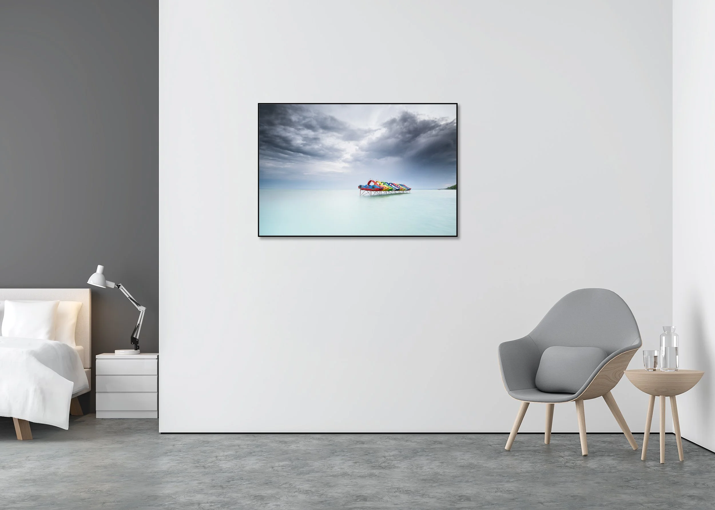 Pedal Boat Colour Study 1 displayed in a modern interior, mounted on aluminium Dibond in a black ArtBox frame. Photo by Gerald Berghammer.
