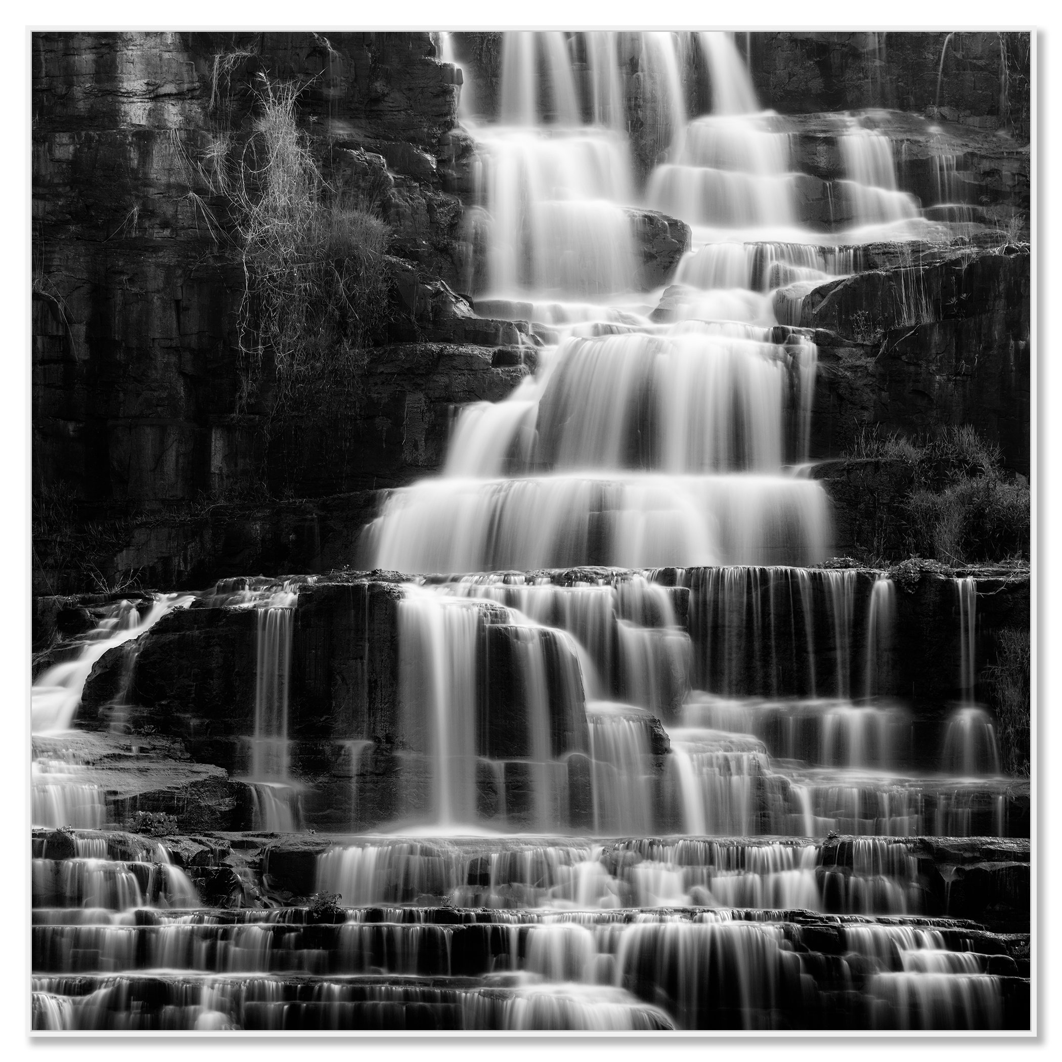 Pongour Waterfall, Study 1 – Vietnam, black-and-white photo print in a white aluminium ArtBox frame.