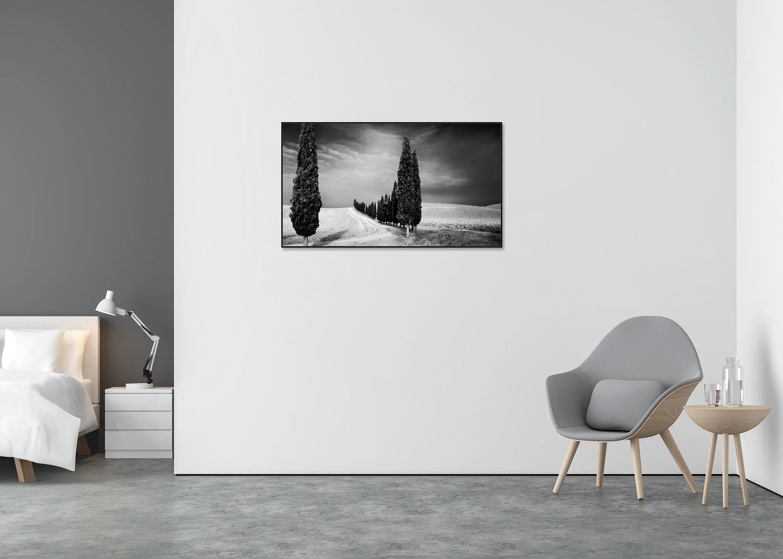 Cypress Tree Avenue Panorama Study 2 displayed in a modern interior, mounted on aluminium Dibond in a black ArtBox frame by Gerald Berghammer.