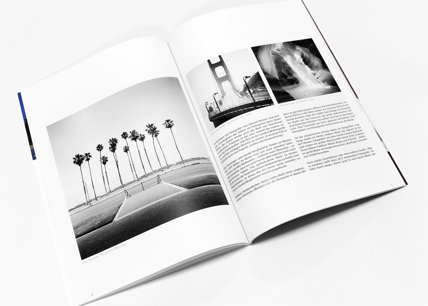 PhotoKlassik 2016 magazine spread featuring minimalist black-and-white photographs of palm trees and the Golden Gate Bridge by Gerald Berghammer.